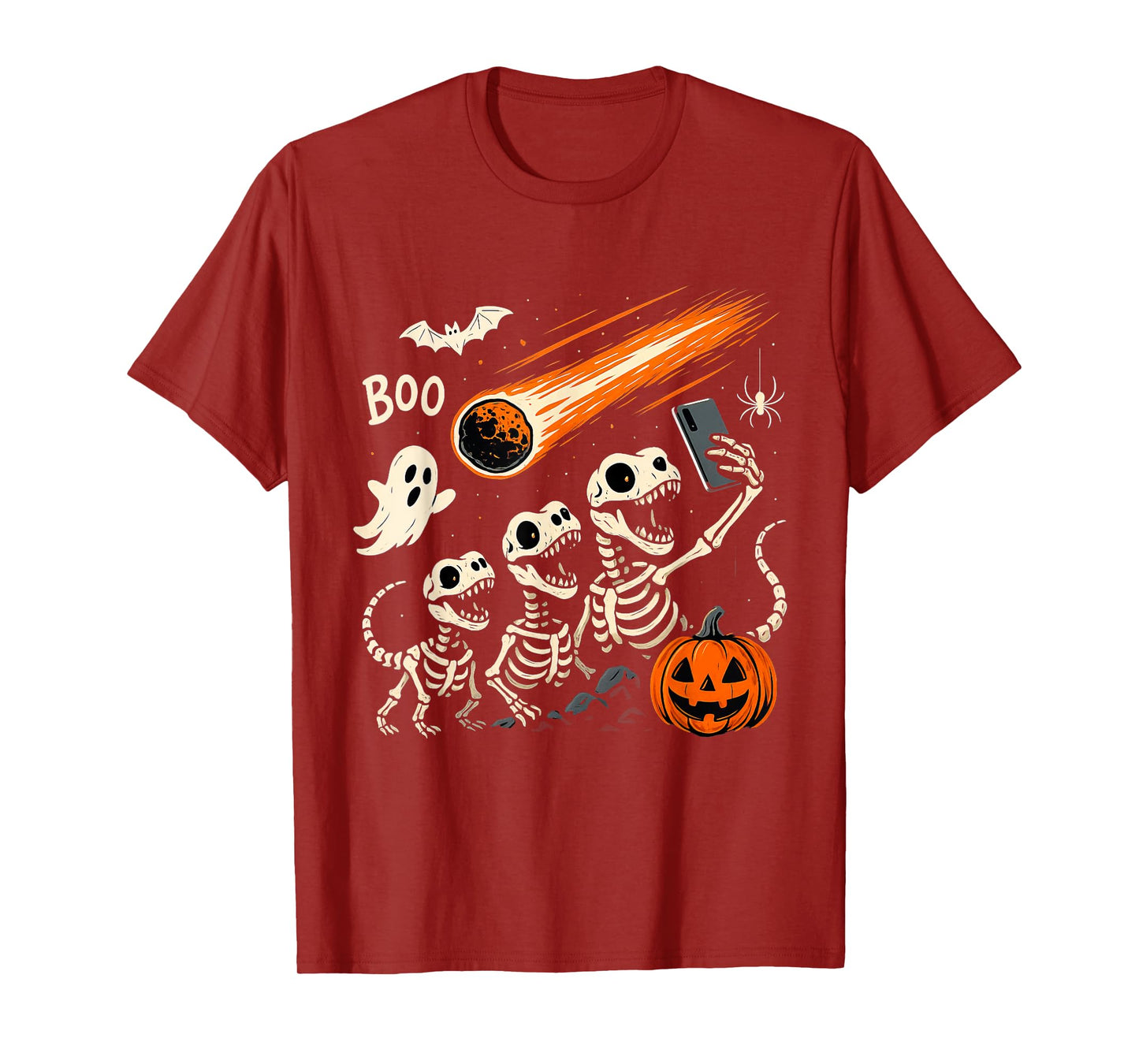 Skeleton Dinosaur T Rex Selfie Boo Pumpkin Halloween T-Shirt