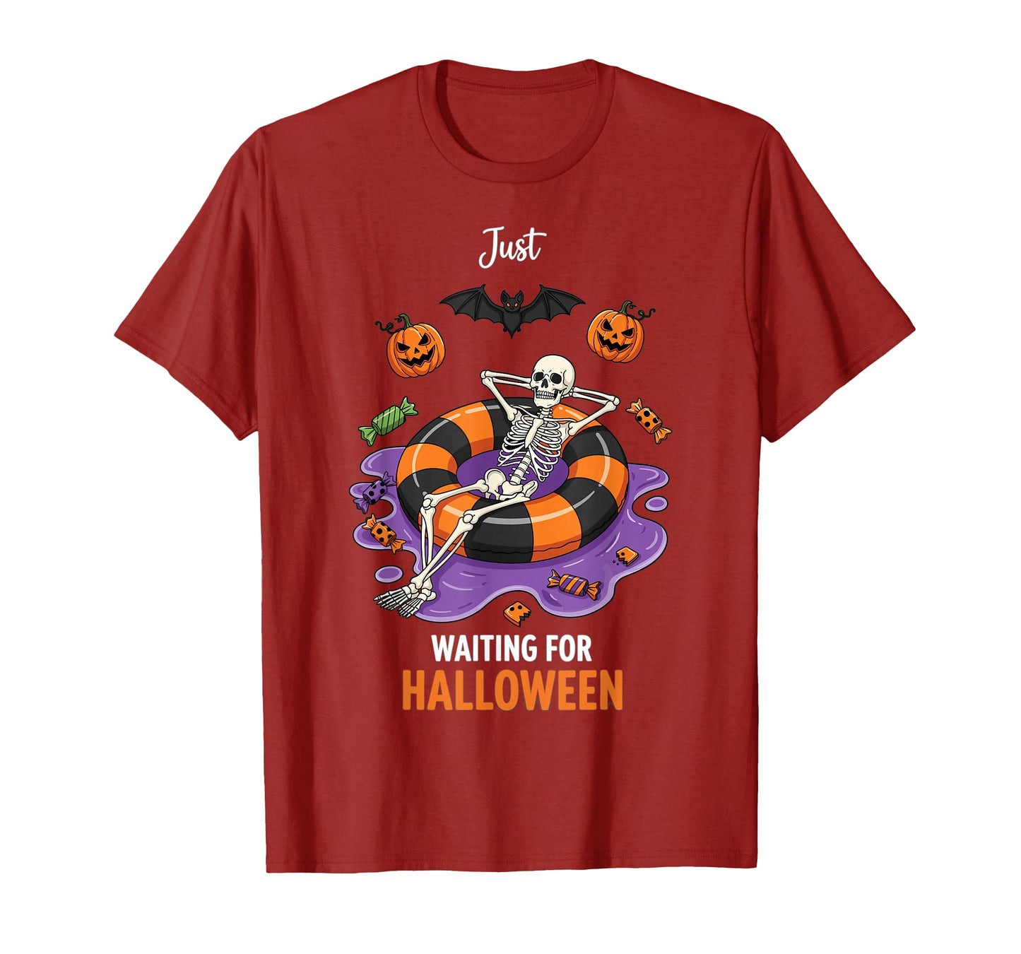 Halloween Skeleton Pool Float Candy Pumpkin Waiting T-Shirt