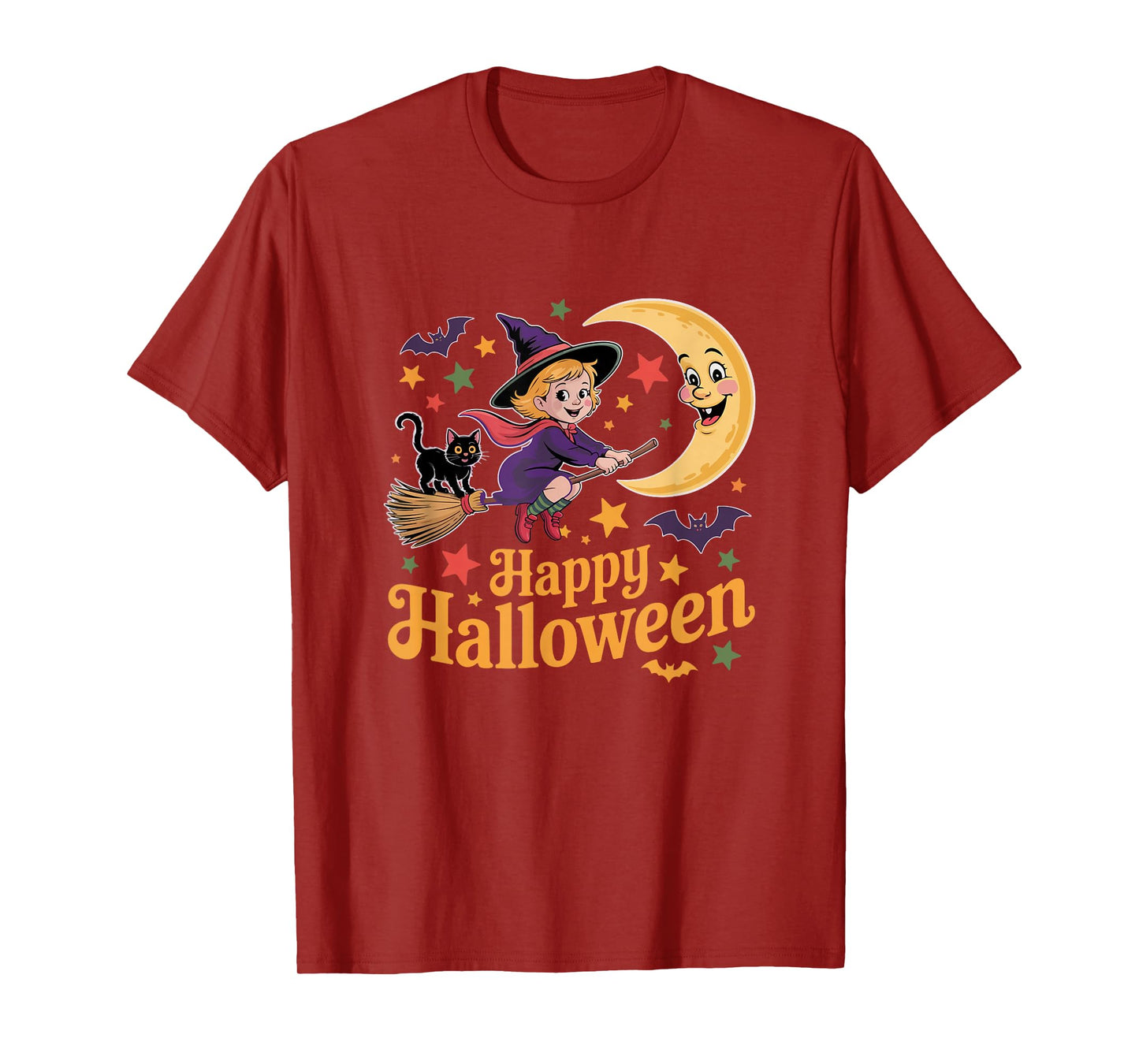 Happy Halloween Moon Cute Witch On Broomstick Cat Bats Lover T-Shirt