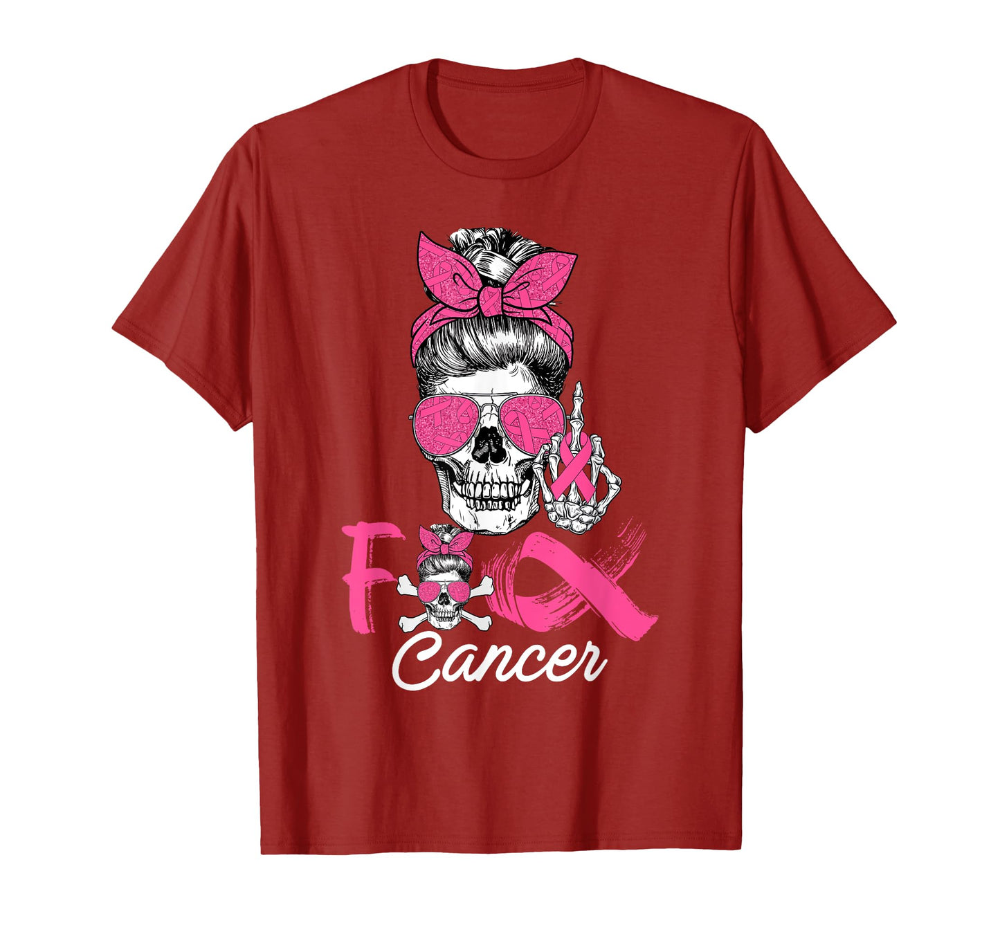 Fuck Cancer Breast Cancer Messy Bun Skeleton Halloween Day T-Shirt