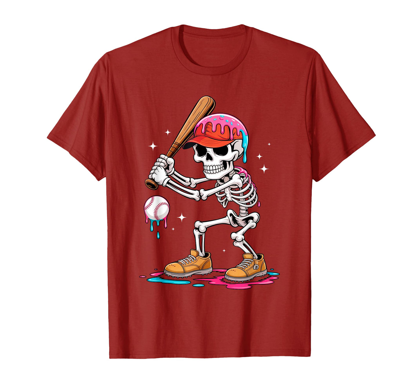Funny Baseball Skeleton Ice Cream Drip Baseball Halloween T-Shirt