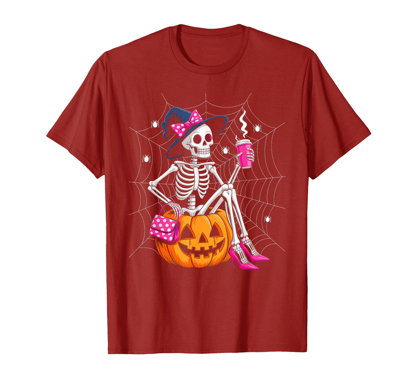 Funny Halloween Skeleton Skull Women Drinking Coffee Pumpkin T-Shirt