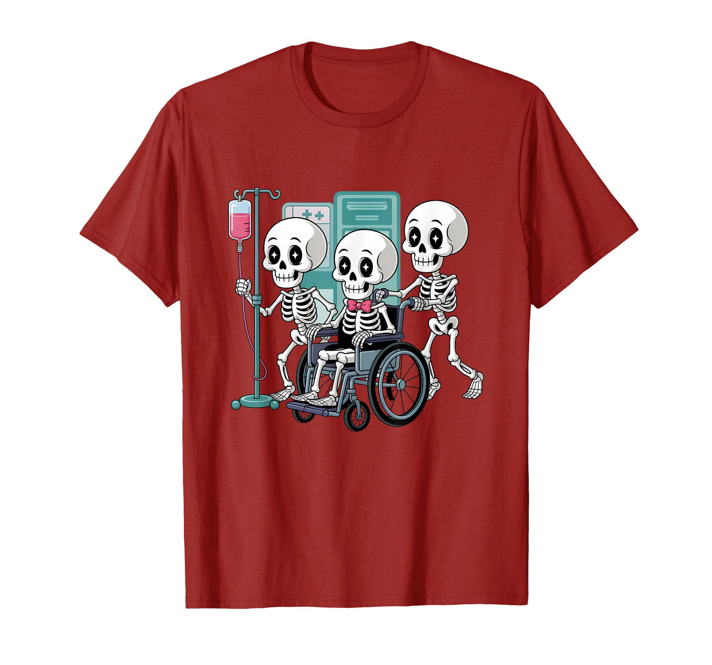 Skeletons in Hospital Wheelchair Halloween Medical Nurse T-Shirt