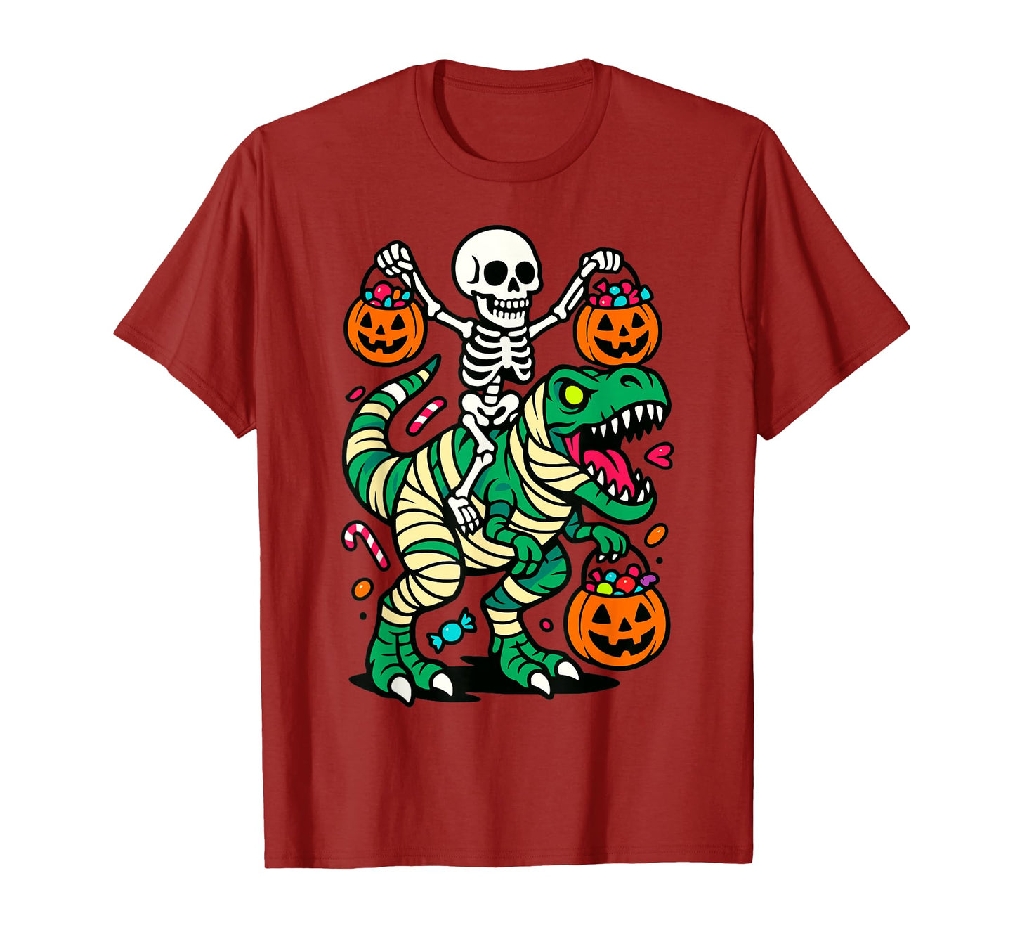Skeleton Riding Mummy Dinosaur Halloween Candy T-Shirt