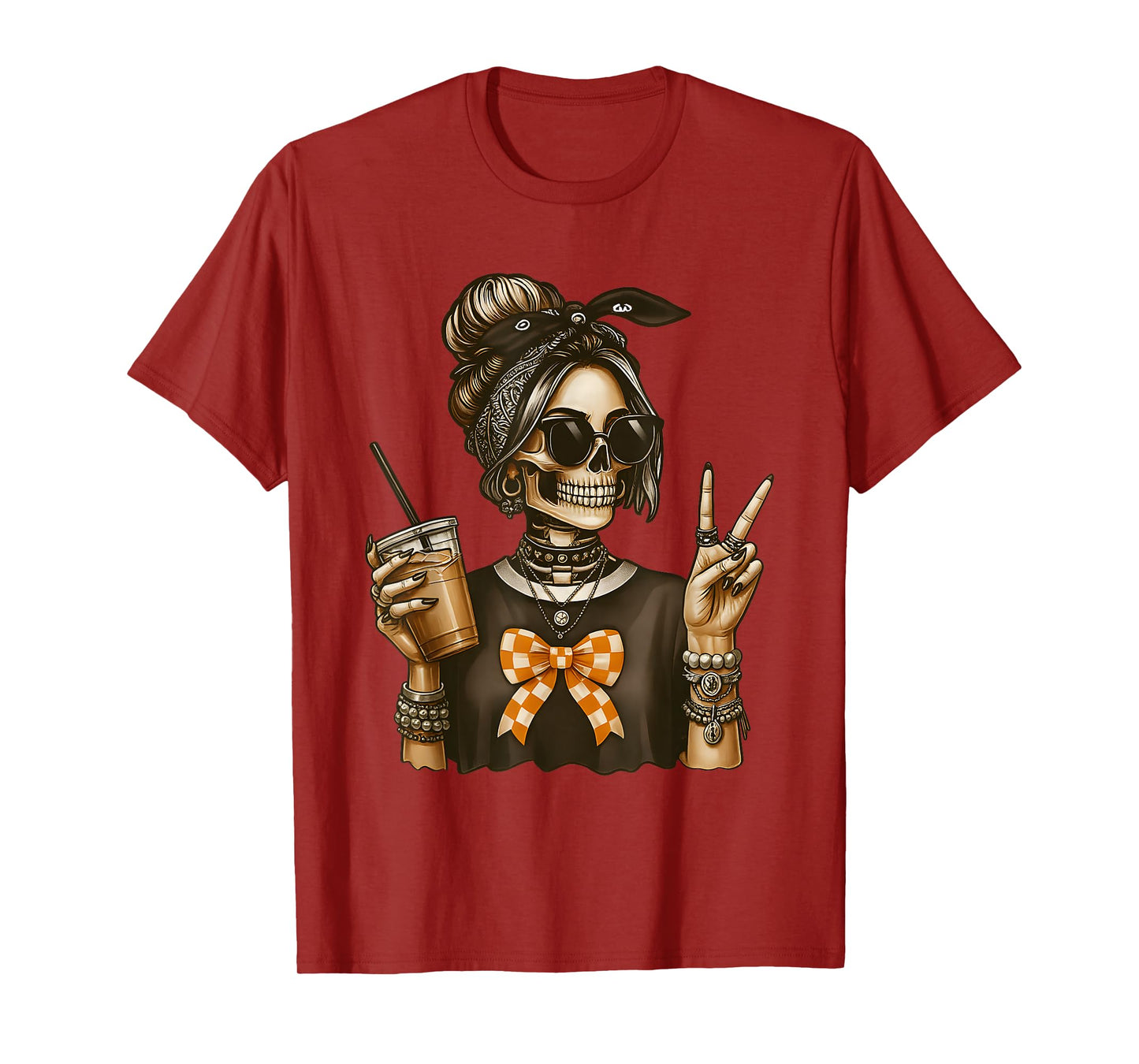Skeleton Girl Rock Style with Drink and Peace Sign Halloween T-Shirt
