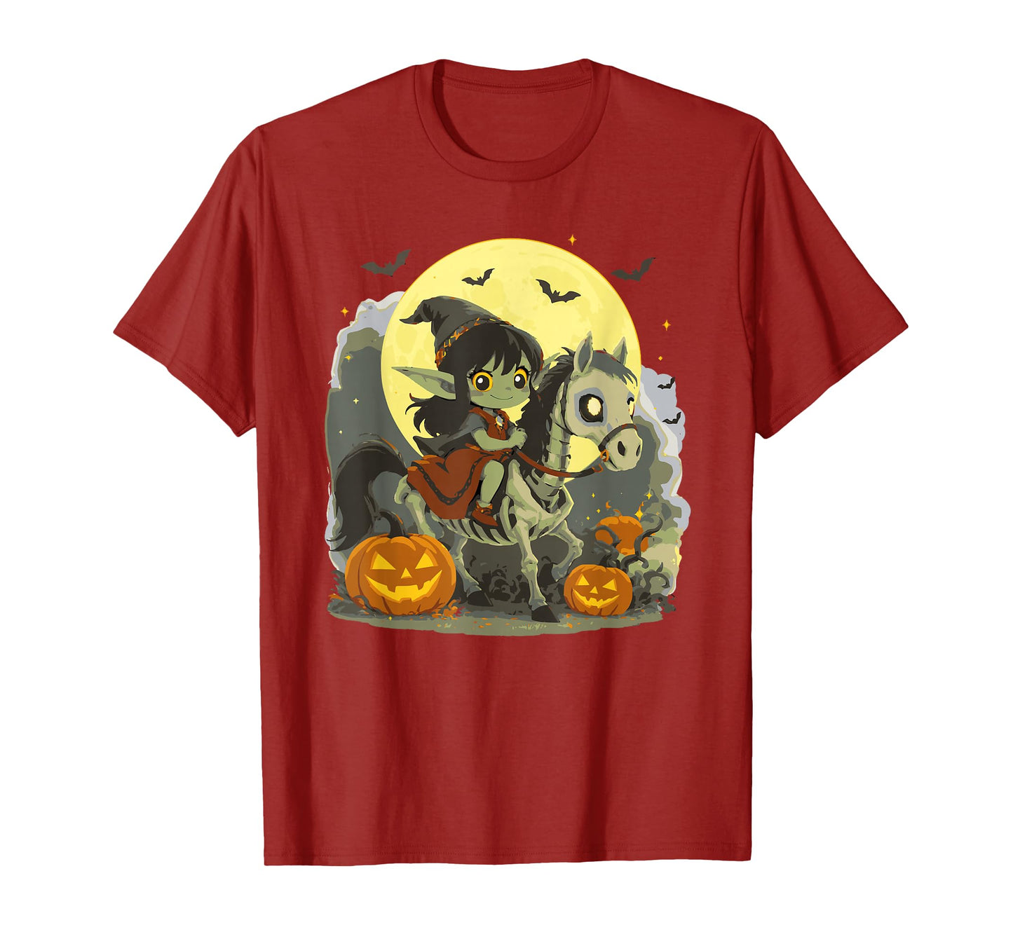 Halloween Girl Dark Elf Goblin Troll Riding Horse Skeleton T-Shirt