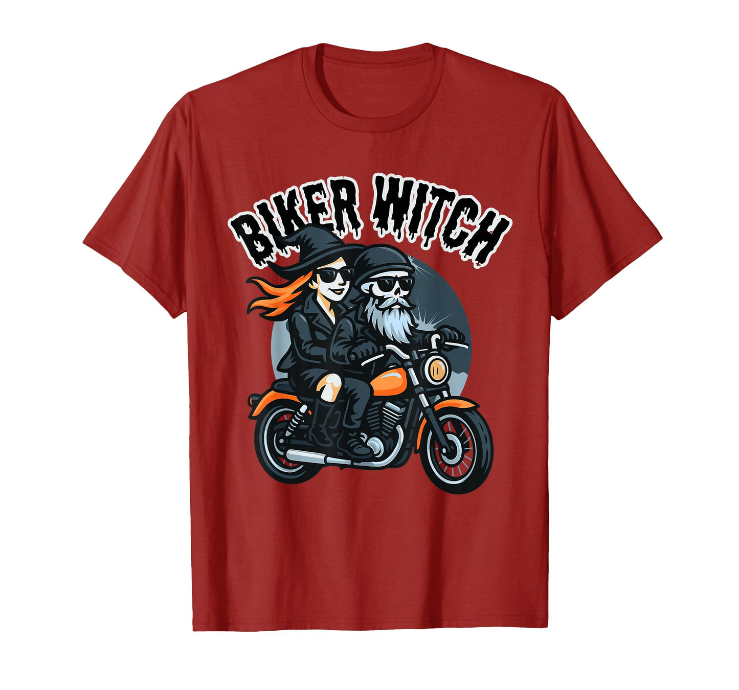 Halloween Funny Biker Witch & Skeleton Riding a Motorcycle T-Shirt