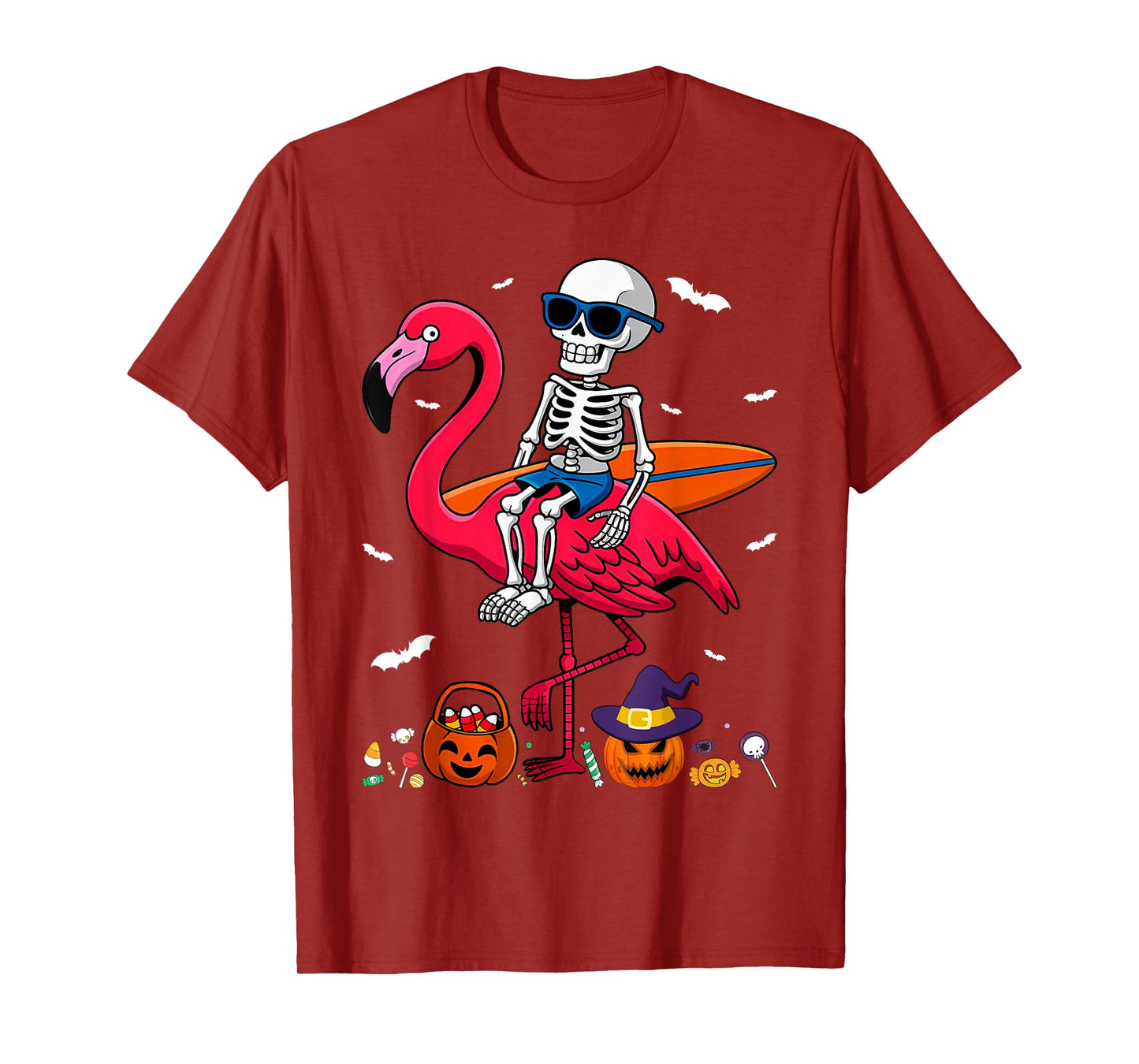 Surfing Skeleton Riding Flamingo Halloween Surfer T-Shirt