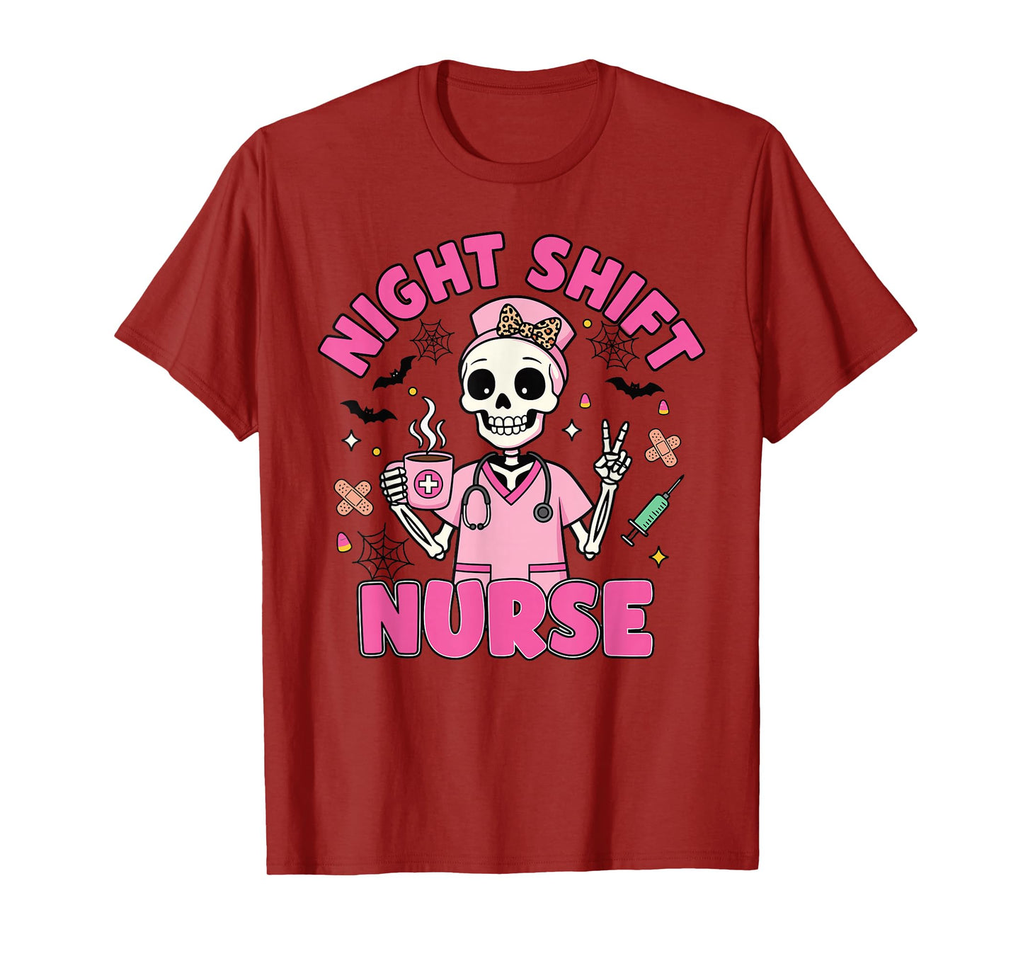 Pink Skeleton Halloween Night Shift Nurse T-Shirt