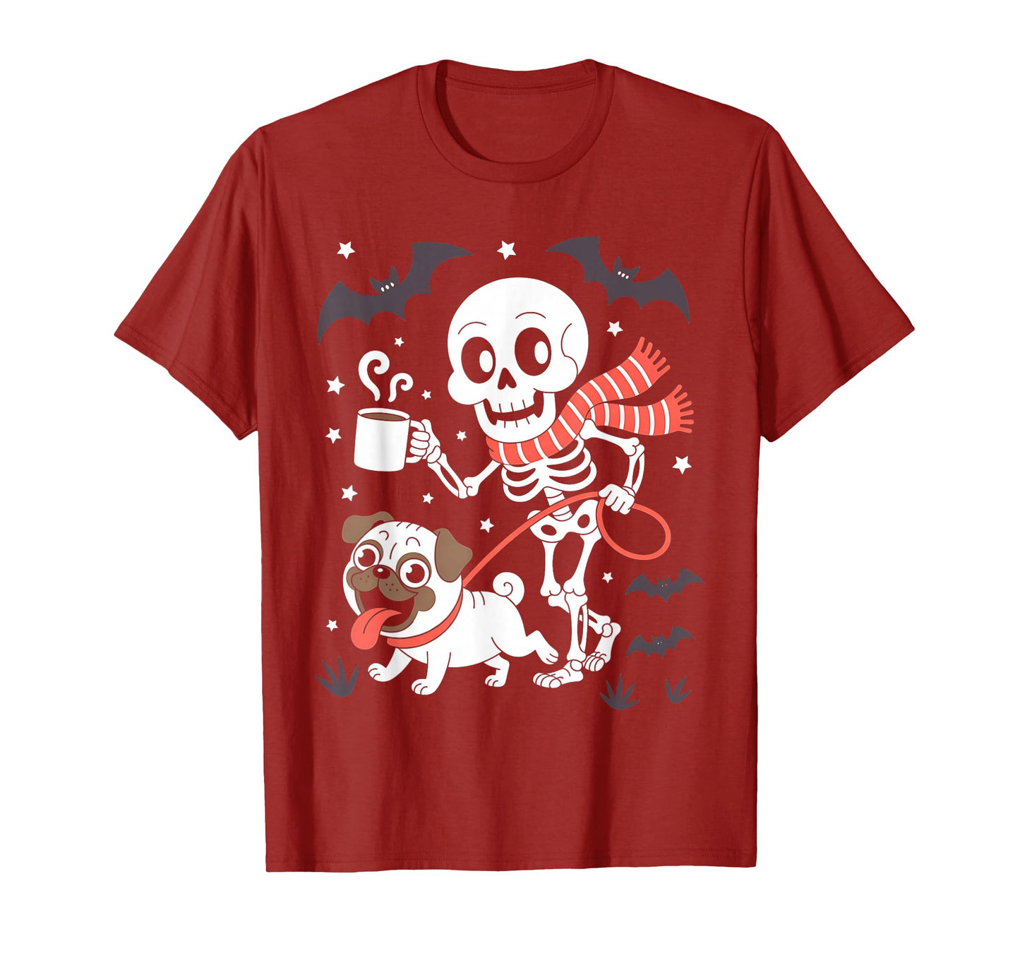 Skeleton Walking Pug Coffee Lovers Funny Halloween T-Shirt