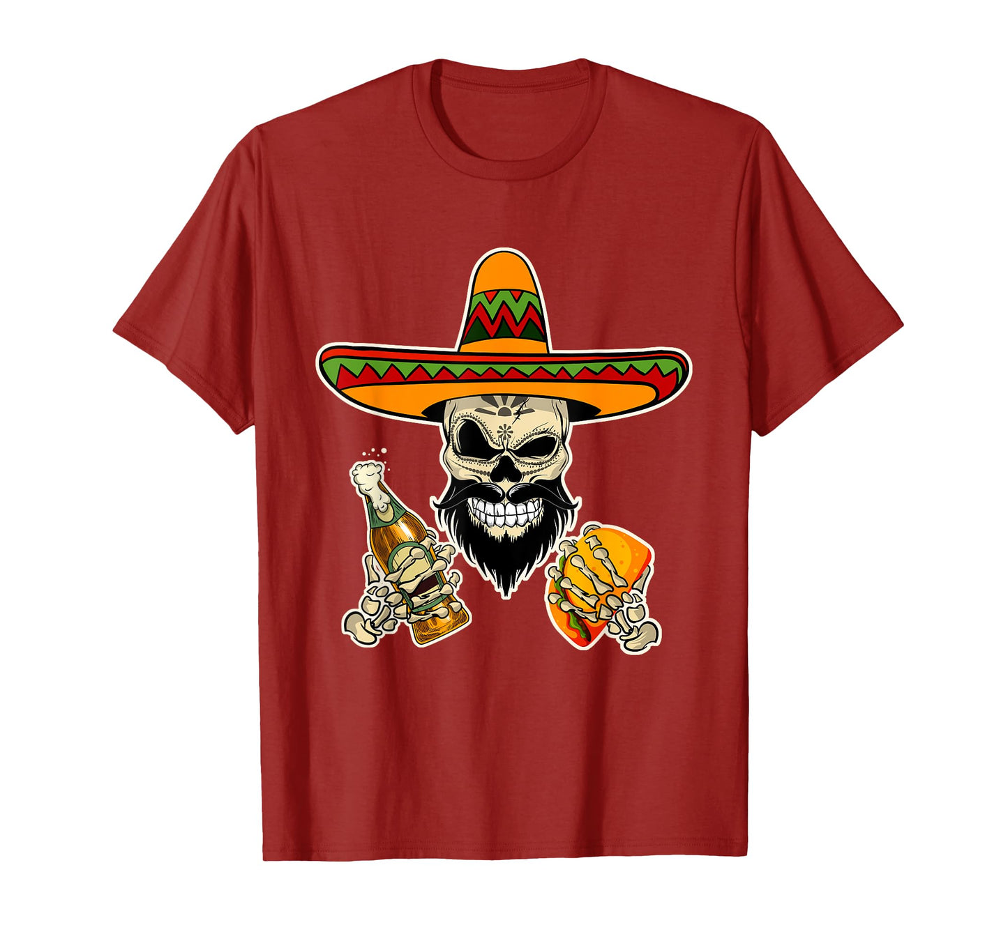 Funny Mexican Sugar Skull with Tacos and Beer T-Shirt