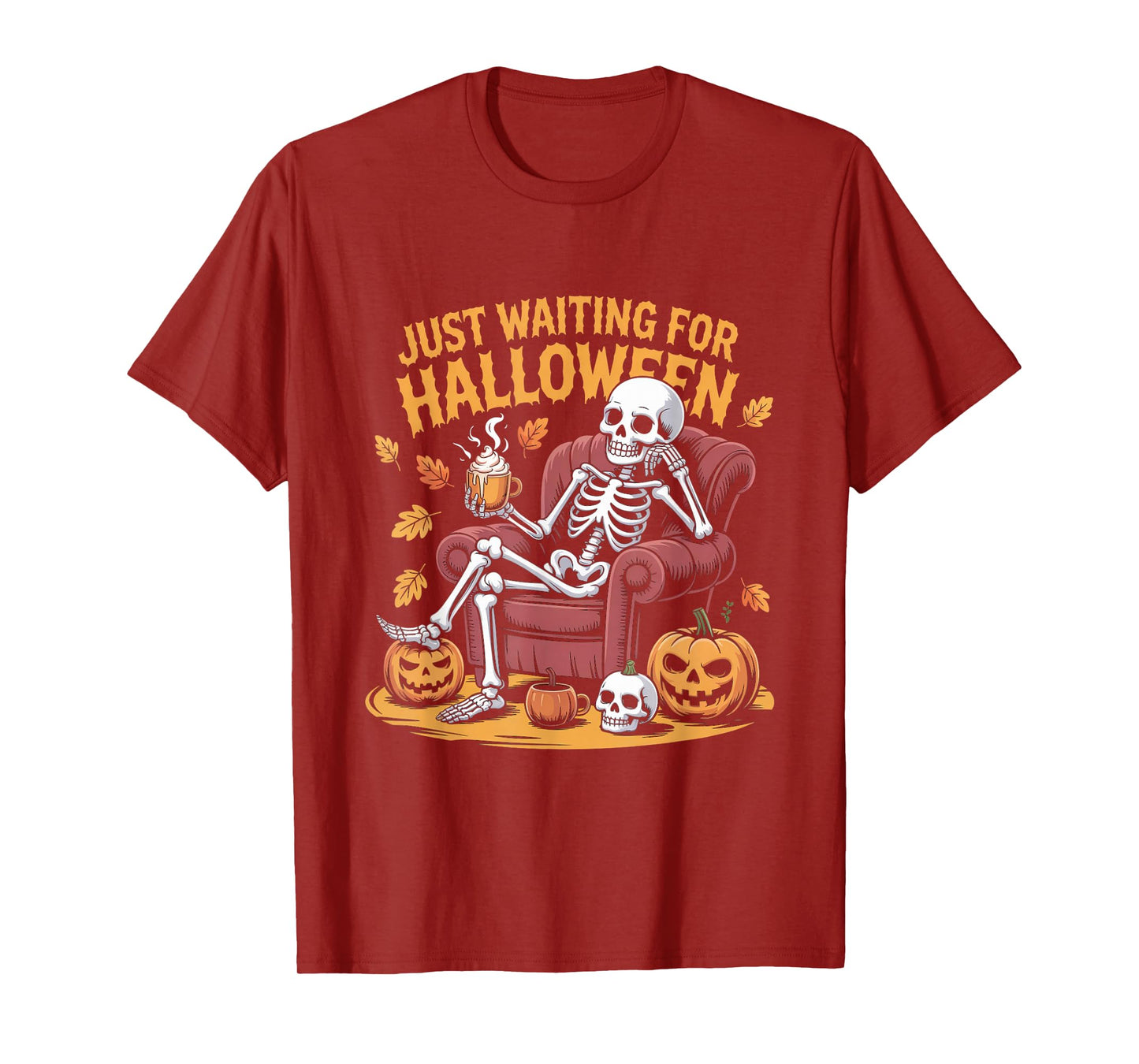 Relaxed Skeleton Sitting Pumpkins Just Waiting Halloween T-Shirt