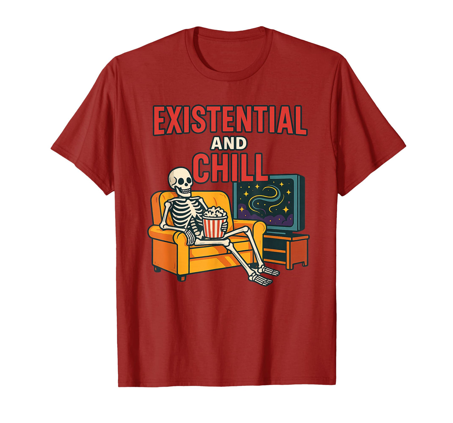 Existential and Chill Skeleton Couch Popcorn Cosmic TV T-Shirt