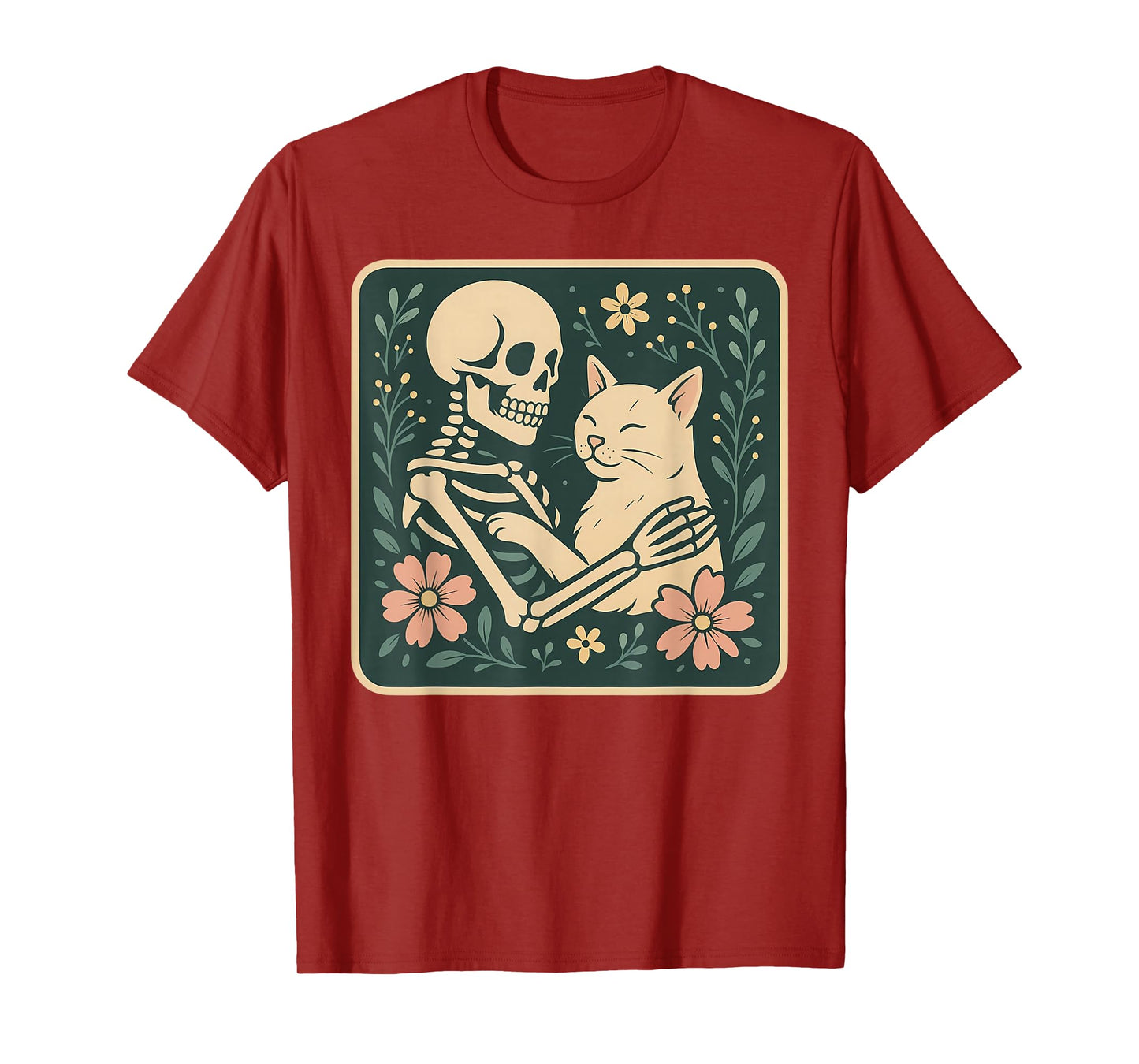 Spooky Skeleton Hugging Cat Owner Halloween Graphic T-Shirt