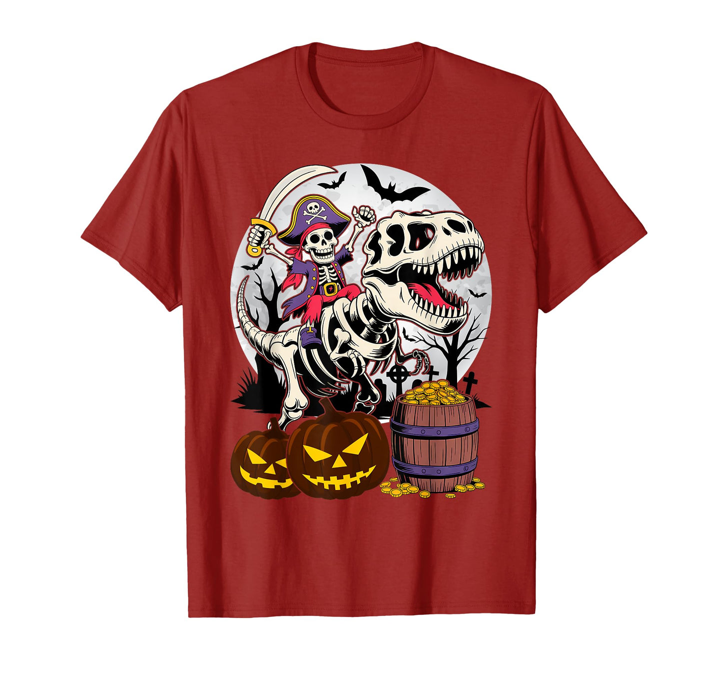 Skeleton Pirate Riding T-Rex Halloween Costume Dinosaur Boys T-Shirt