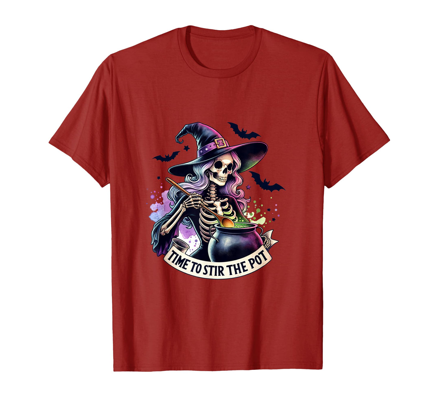 Time to Stir The Pot Skeleton Woman Witch Halloween Pin-Up T-Shirt