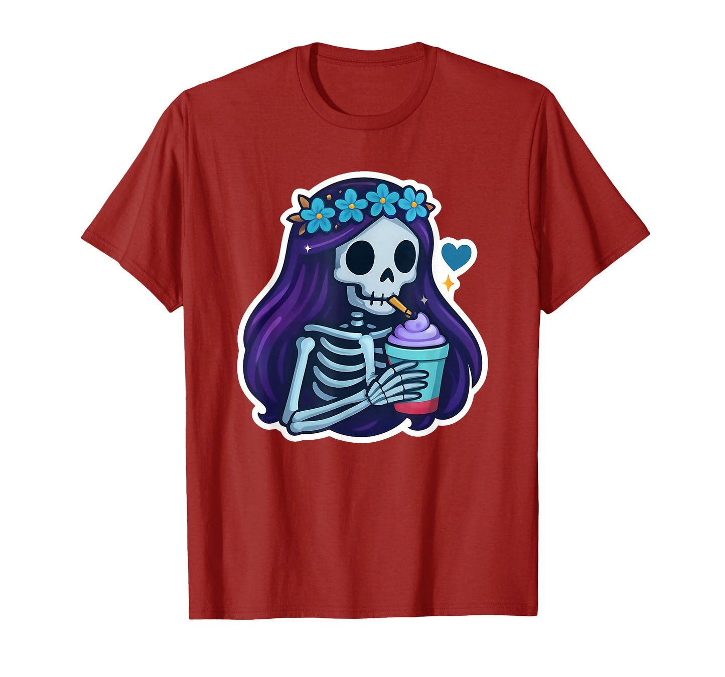Skeleton Girl Drinking Coffee Peace Sign Graphic for Women T-Shirt