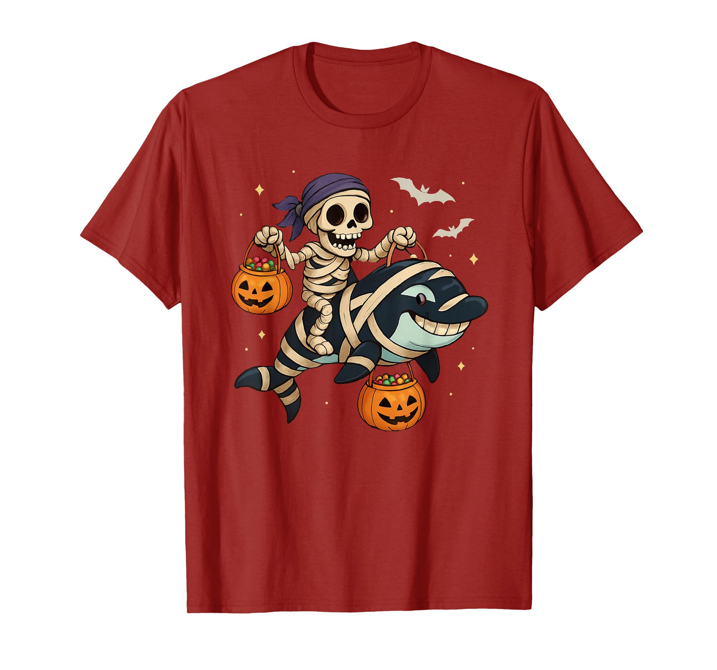 Skeleton Riding Mummy Orca Halloween Candy Whale T-Shirt