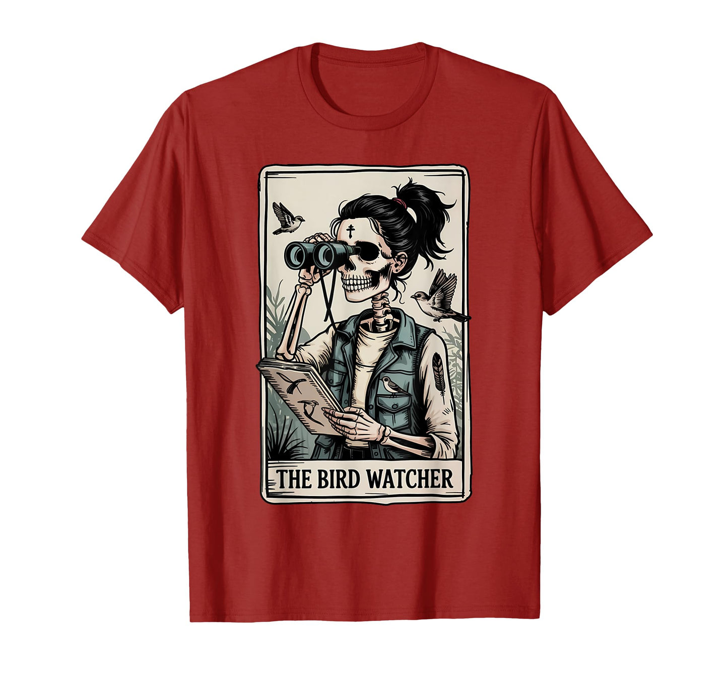 Funny Skeleton Bird Watcher Tarot Card Camping Nature Lover T-Shirt