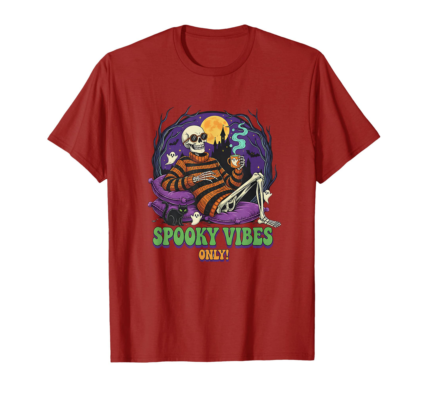Funny Skeleton Spooky Vibes Only Halloween Retro Graphic T-Shirt