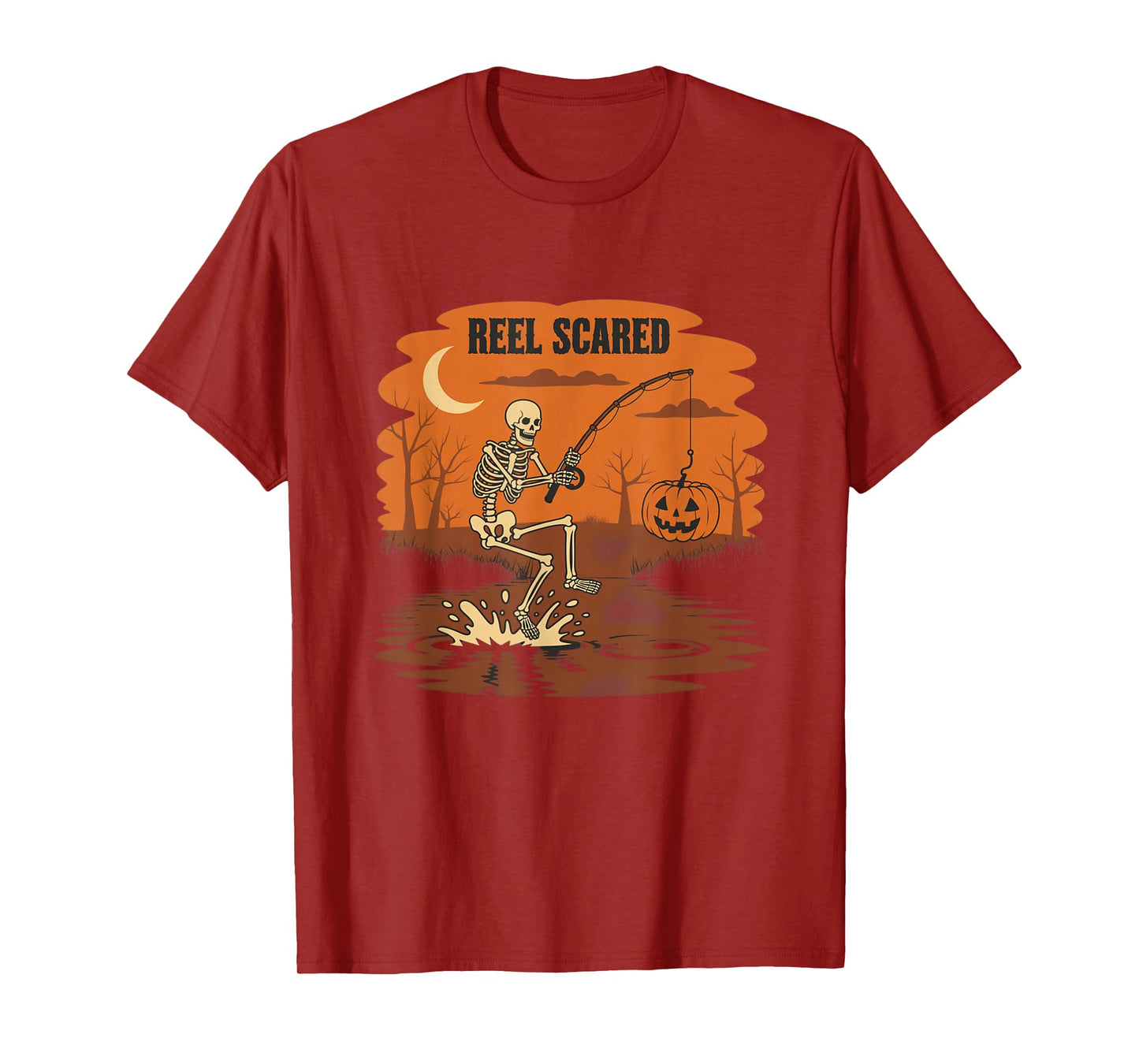 Reel Scared Halloween Fishing Skeleton Pumpkin Scene T-Shirt