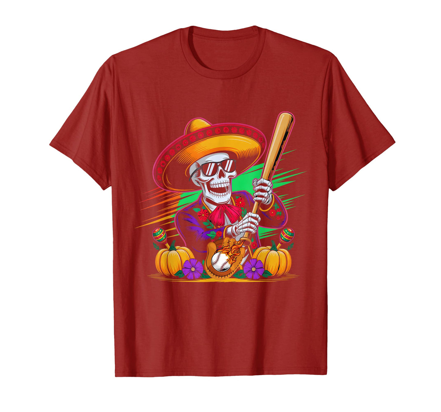 Mariachi Holloween Skeleton Baseball Holloween Fiesta Funny T-Shirt