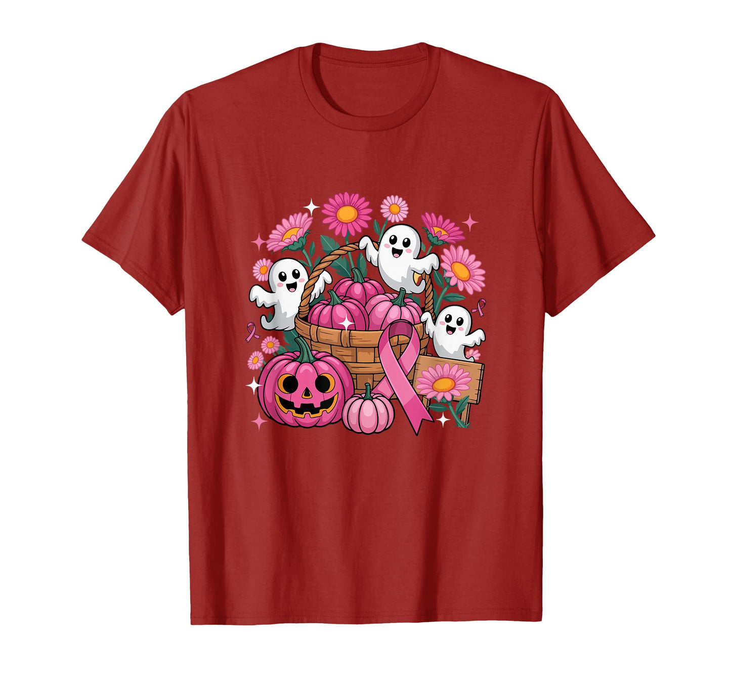 Floral Group Boos Halloween Breast Cancer Awareness Ribbon T-Shirt