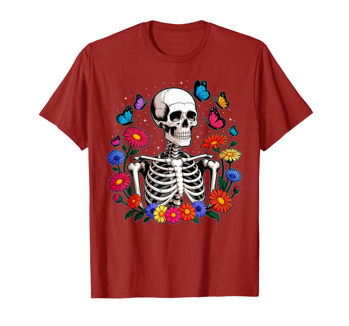Skeleton Flowers Butterfly Floral Halloween Men Women T-Shirt
