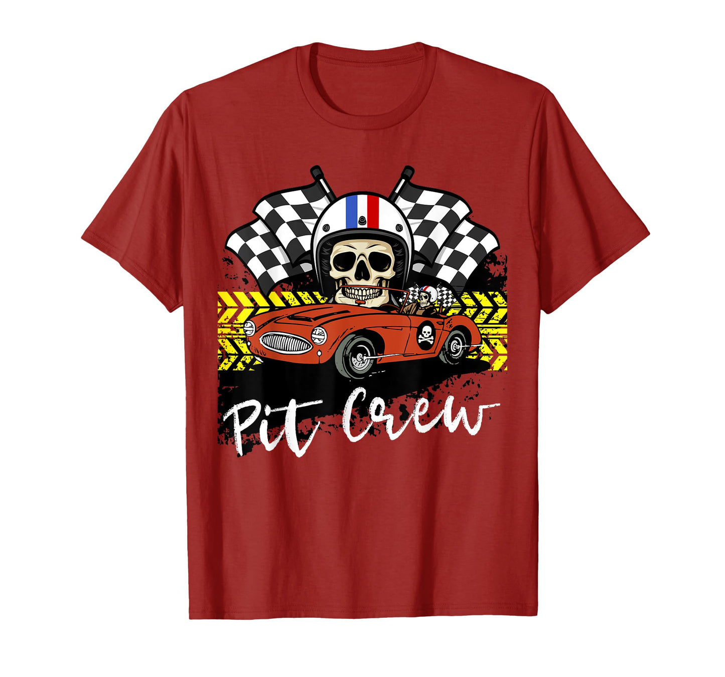 Skull Pit Crew Race car Skeleton Checkered Flag Halloween T-Shirt