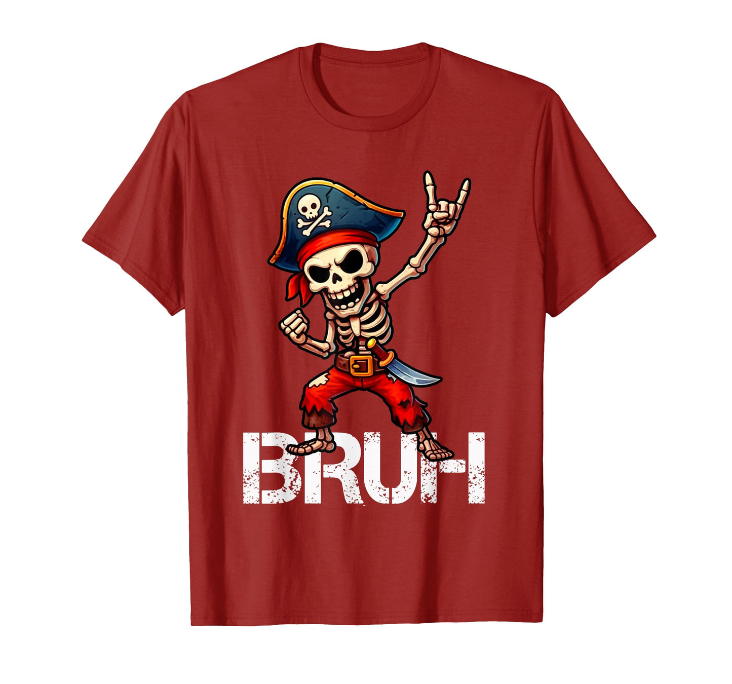 Bruh Pirate Skeleton Rock on Funny Halloween Pirate Men Boys T-Shirt