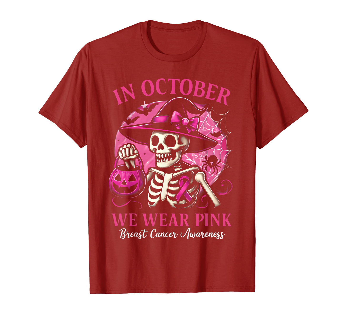 Halloween Skeleton in October We Wear Pink Breast Cancer T-Shirt