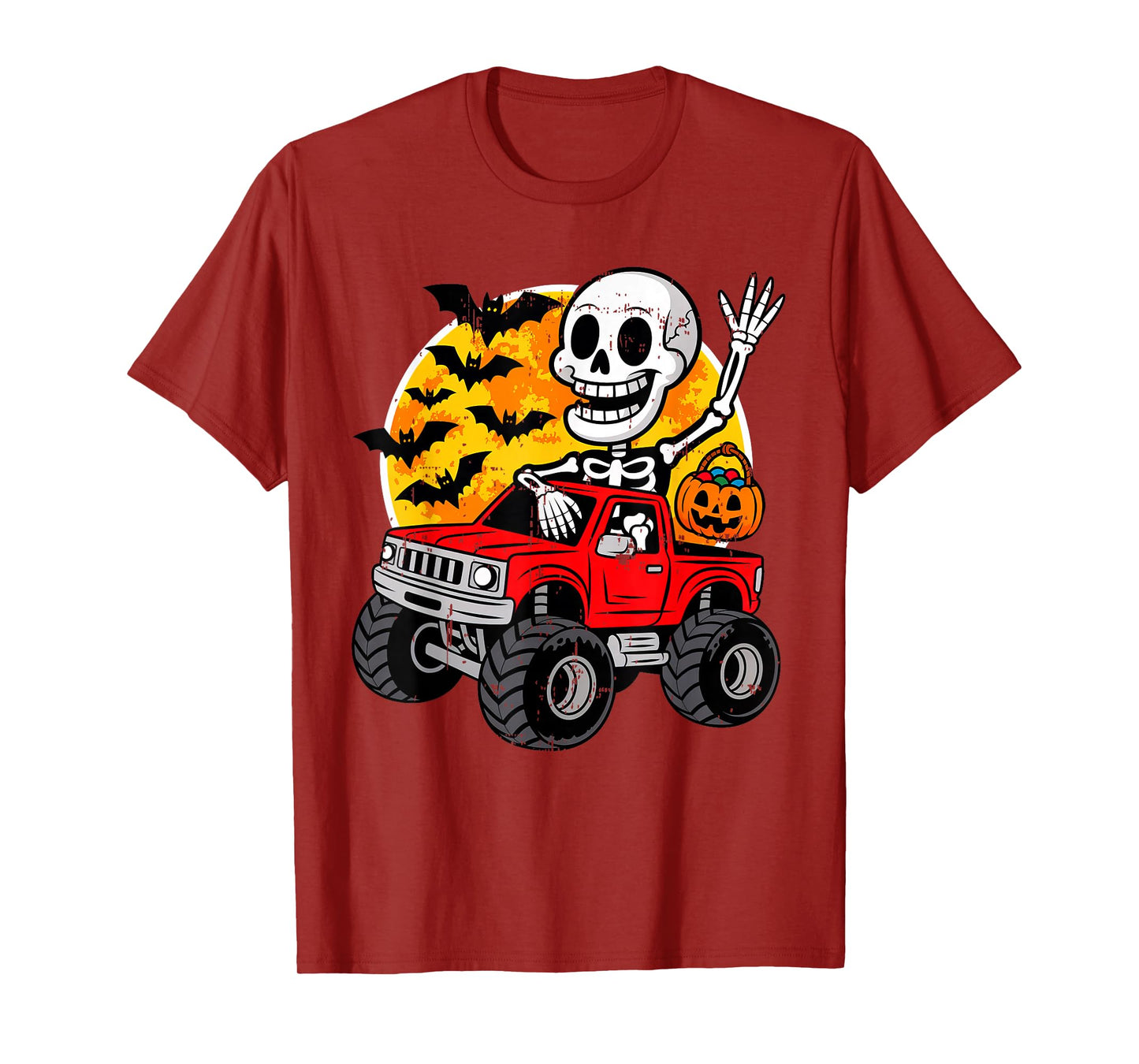 Skeleton Monster Truck Moon Pumpkin Halloween for Boys Kids T-Shirt