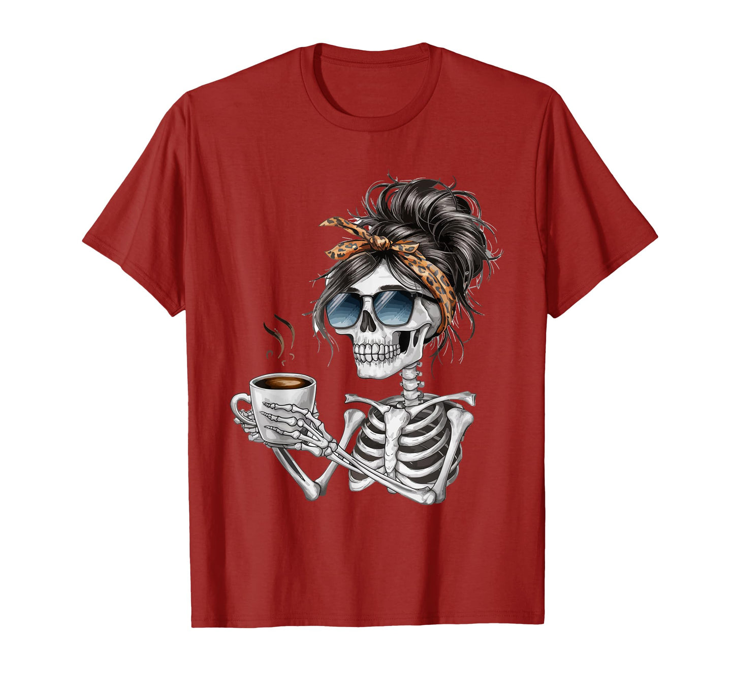 Skeleton Messy Bun Coffee Halloween Coffee Lover Women T-Shirt