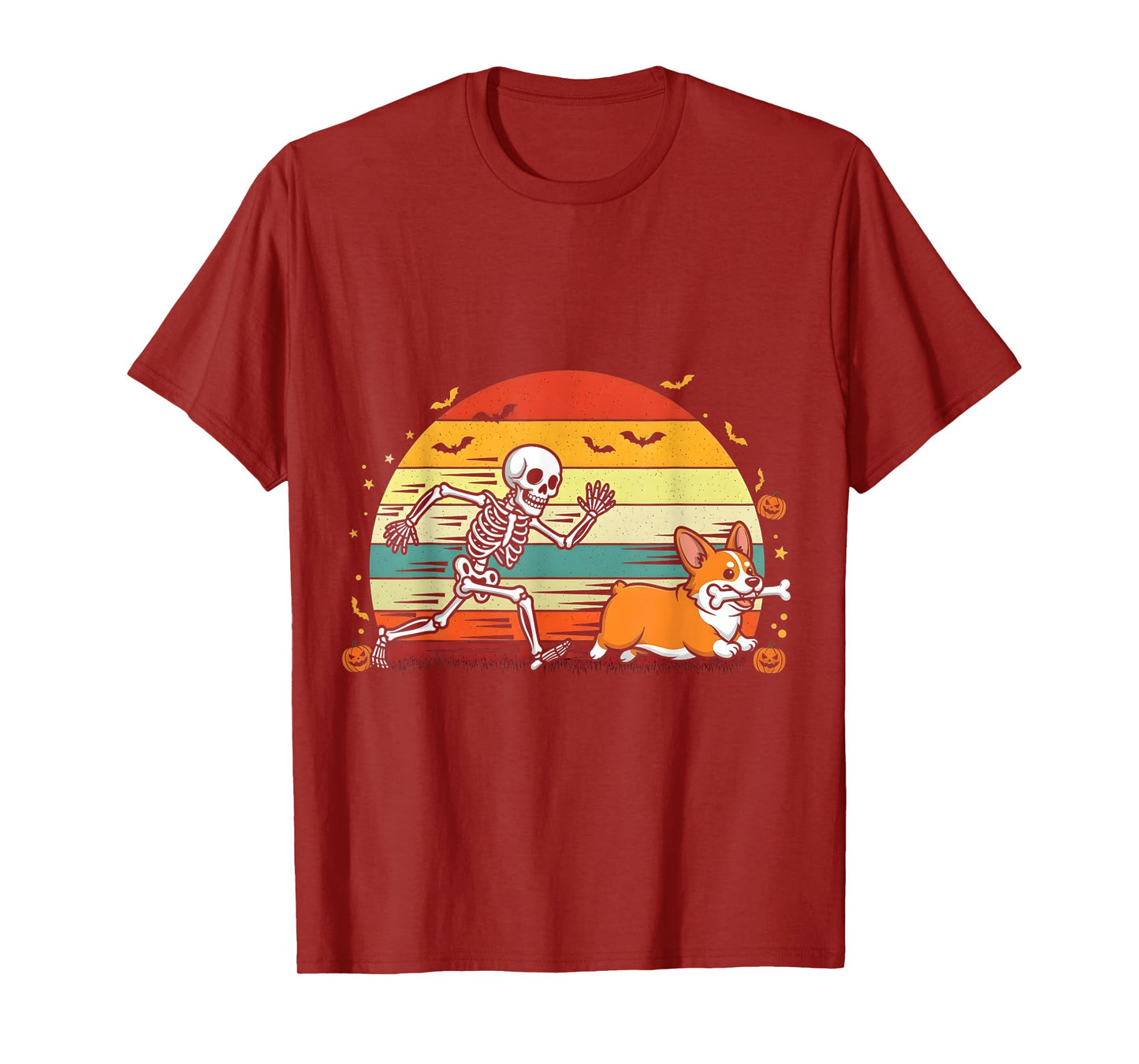 Skeleton Chasing Corgi Funny Halloween T-Shirt