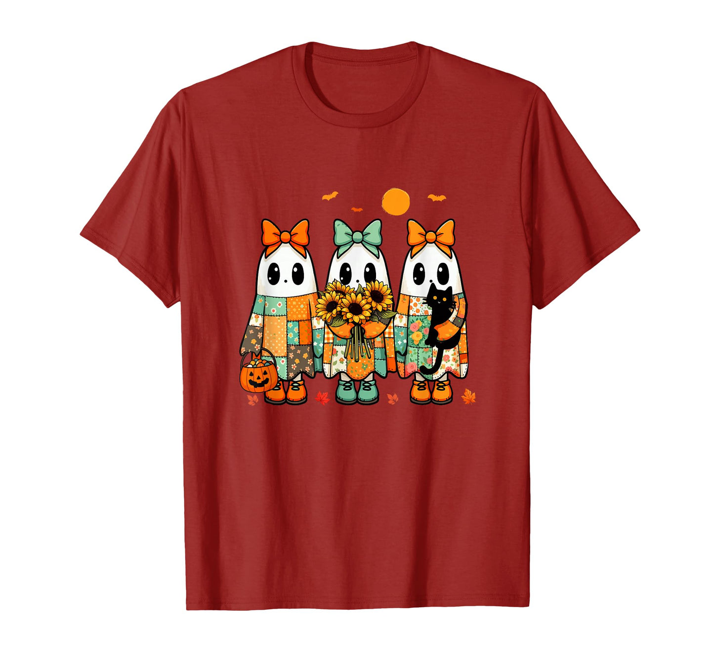 Three Colorful Floral Boos Bow Tie Halloween Girl Women Kids T-Shirt