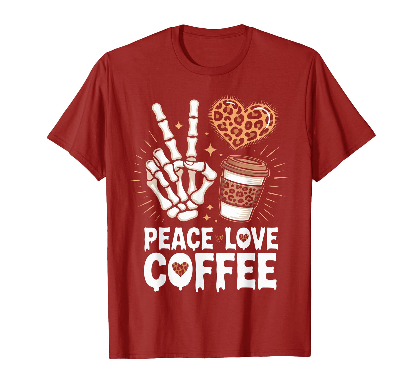 Skeleton Coffee Lover Halloween Leopard Peace Love Tee T-Shirt