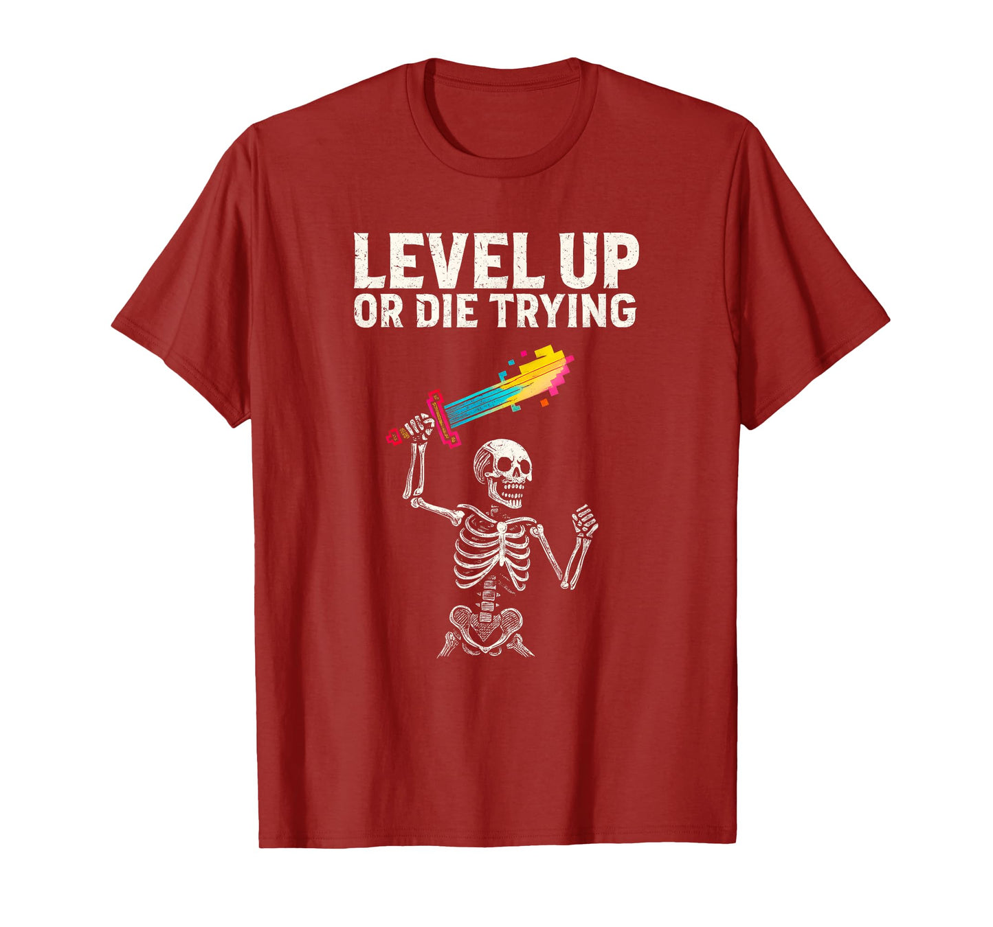 Motivation Gamer Skeleton Holding A Colorful Pixelated Sword T-Shirt