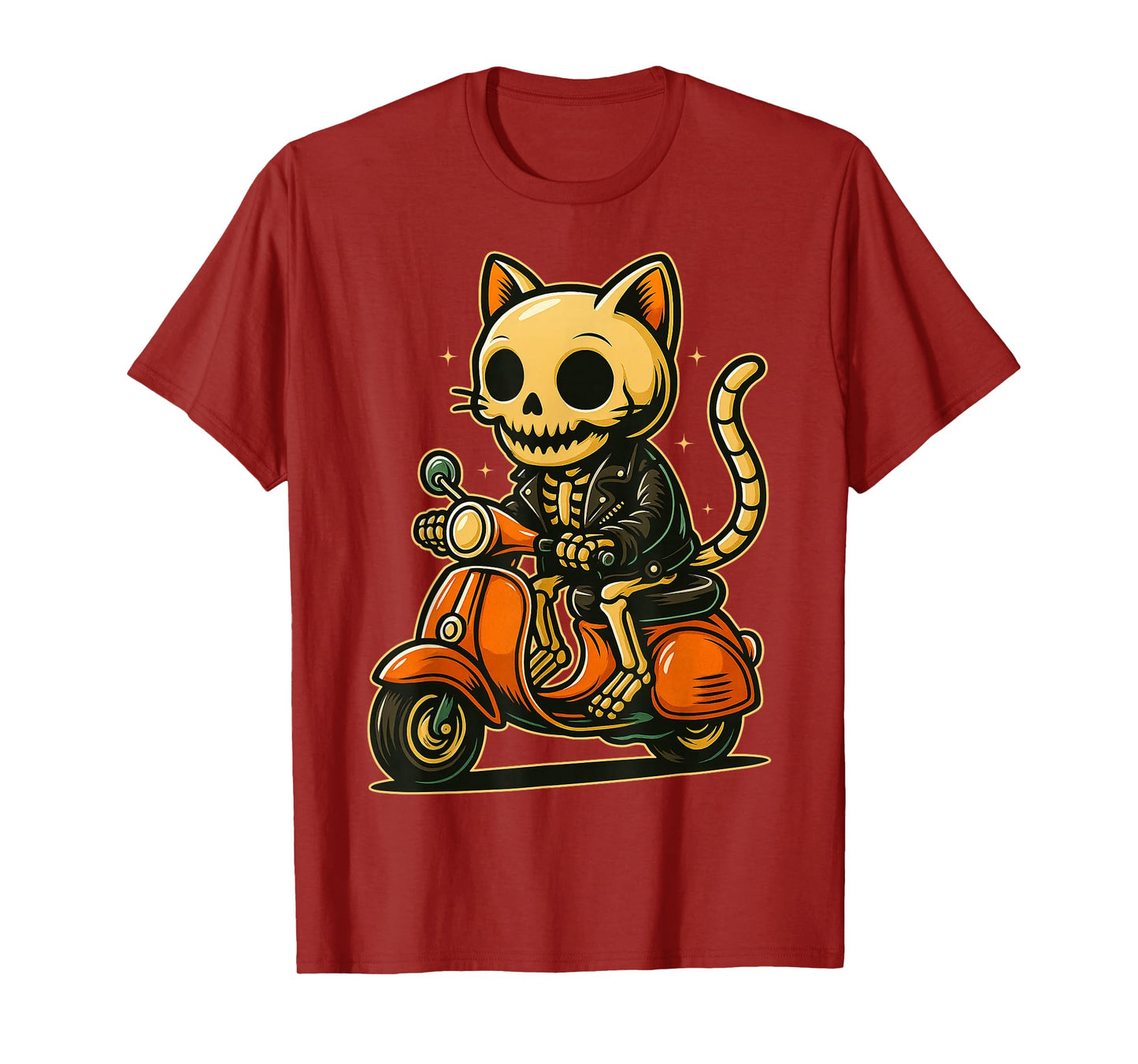Funny Skeleton Cat Riding Scooter Cool Biker Graphic T-Shirt