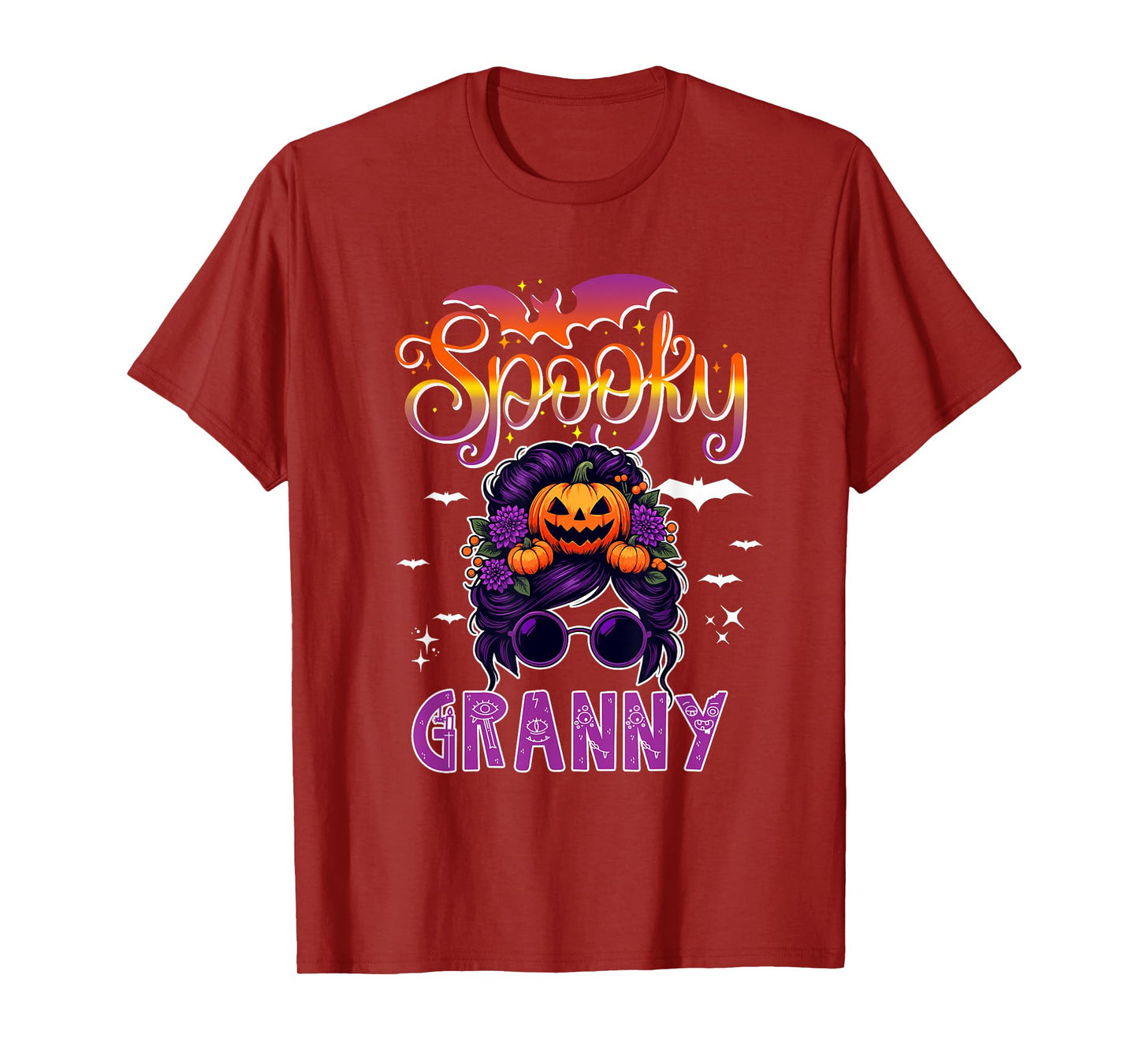 Spooky Halloween Granny Women Messy Bun Hair Sunglasses T-Shirt
