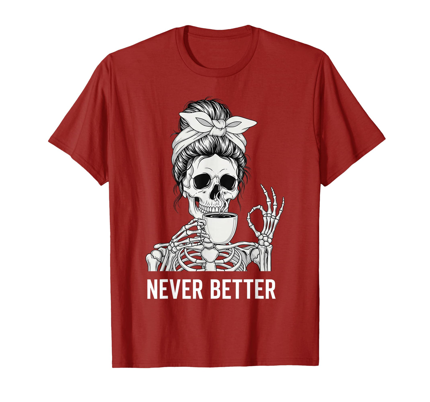 Skeleton Messy Bun Drinking Coffee for Women T-Shirt