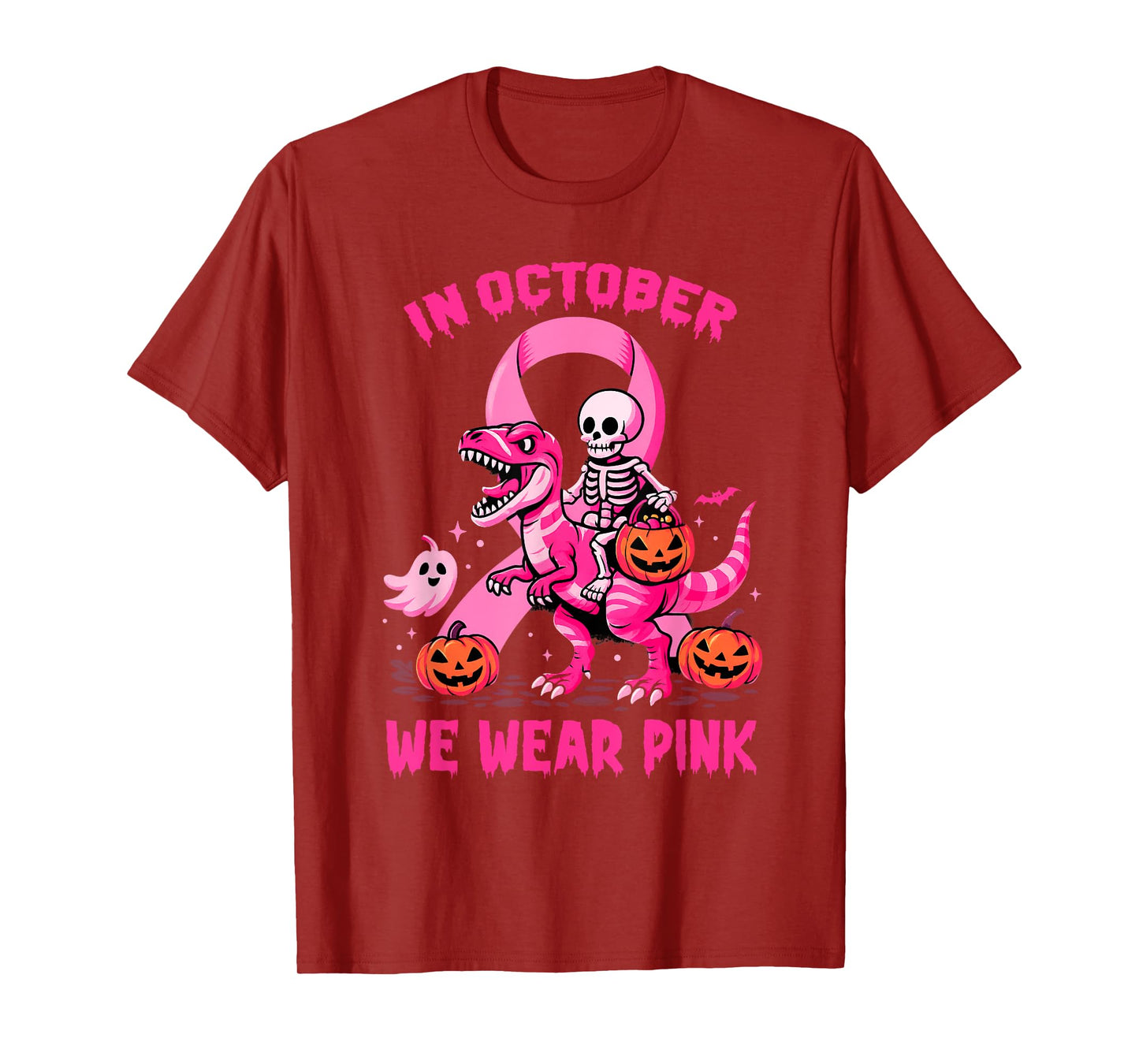 in October We Wear Pink Breast Cancer Skeleton and Dinosaur T-Shirt