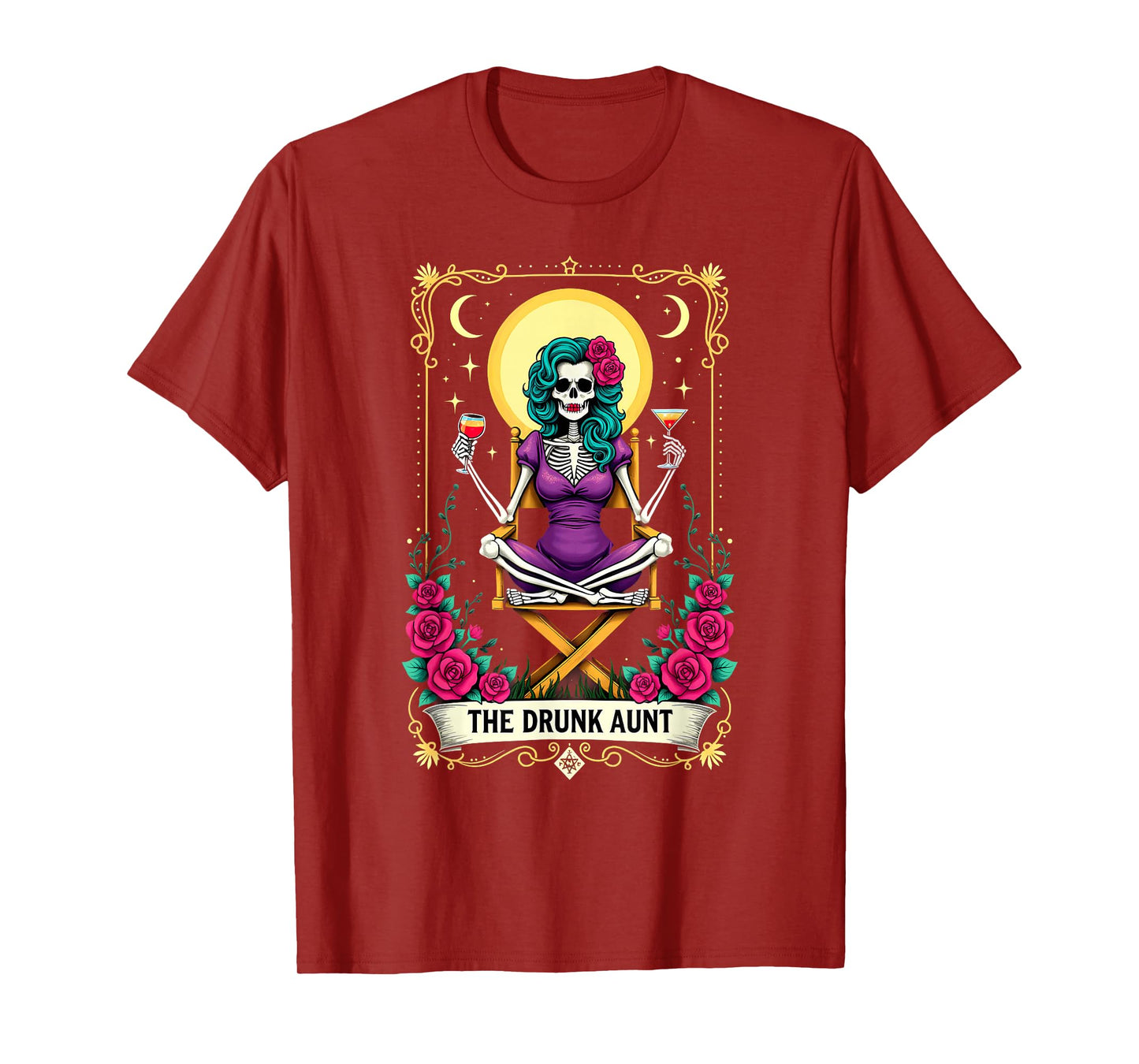 Gothic Tarot Card The Drunk Aunt Skeleton Halloween T-Shirt