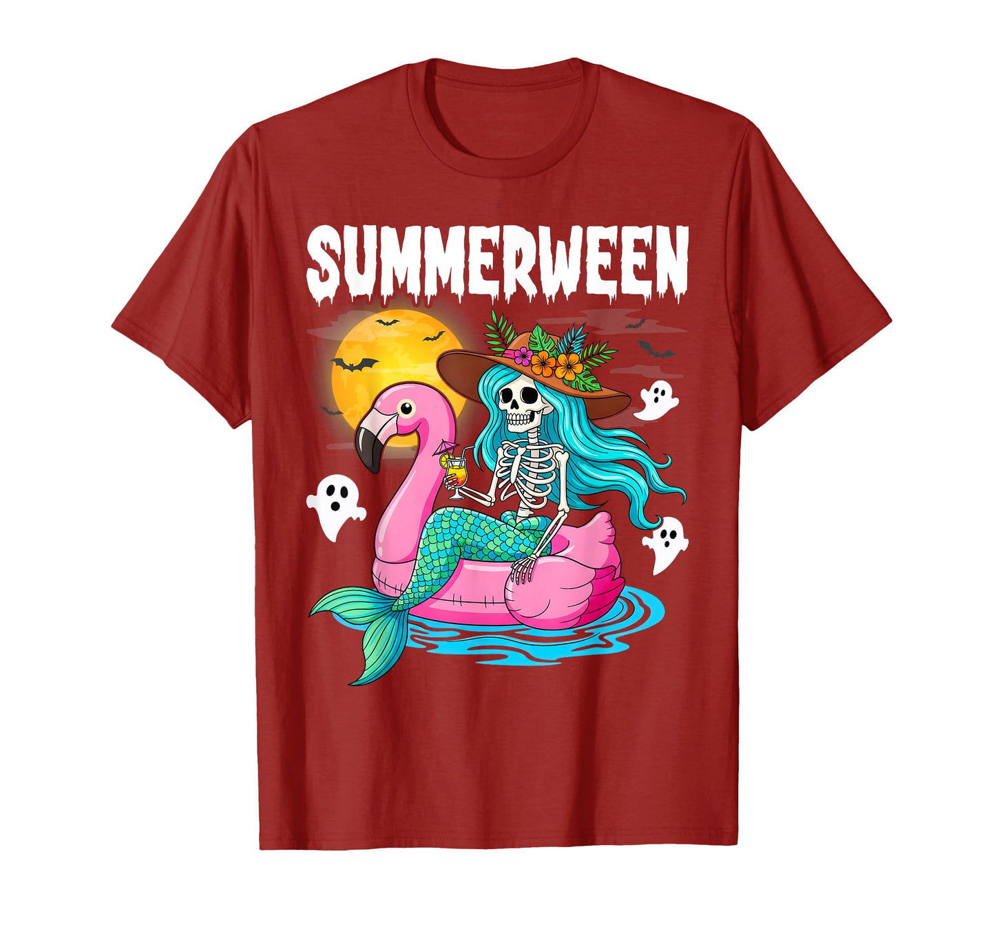 Summerween Mermaid Skeleton Flamingo Summer Halloween Women T-Shirt