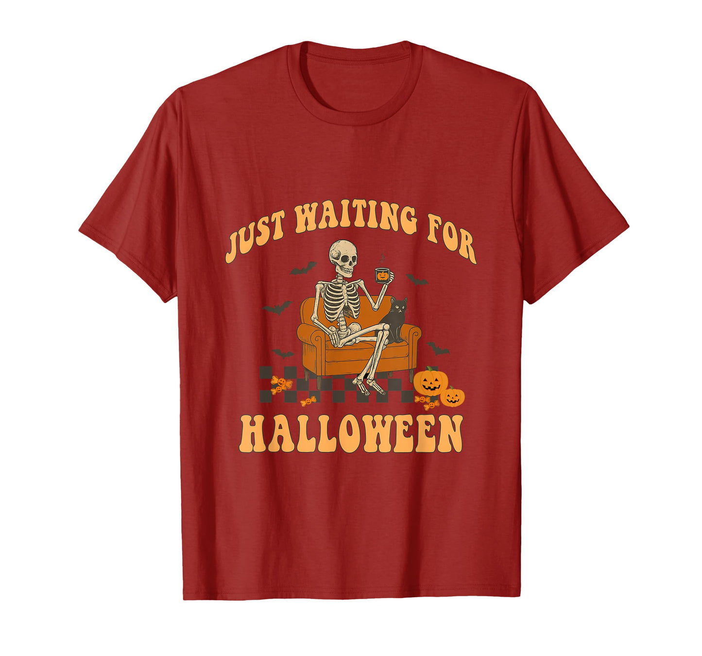 Just Waiting for Halloween Funny Skeleton Coffee Black Cat T-Shirt