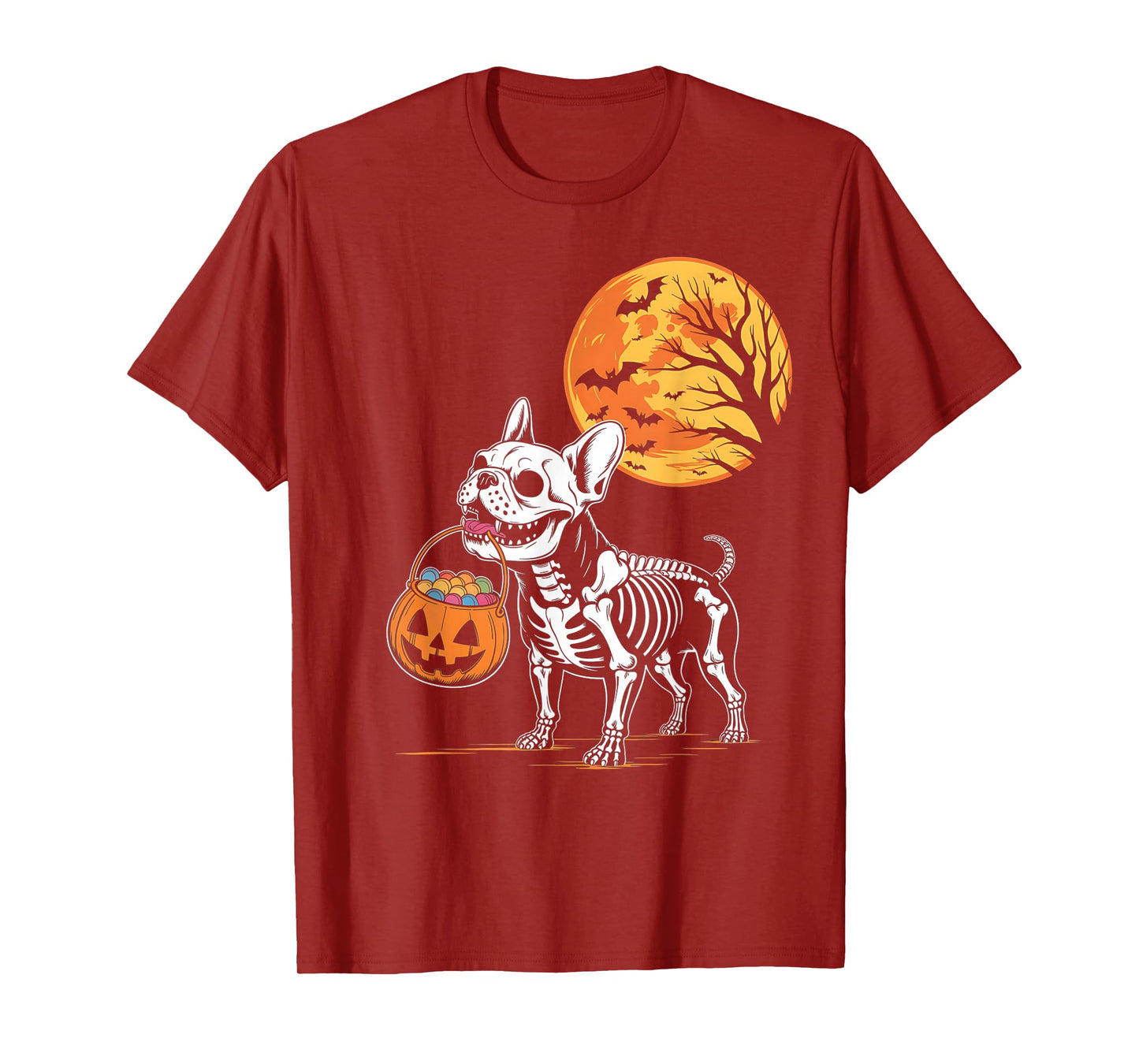 Funny French Bulldog Skeleton Scary Pumpkin Moon Halloween T-Shirt