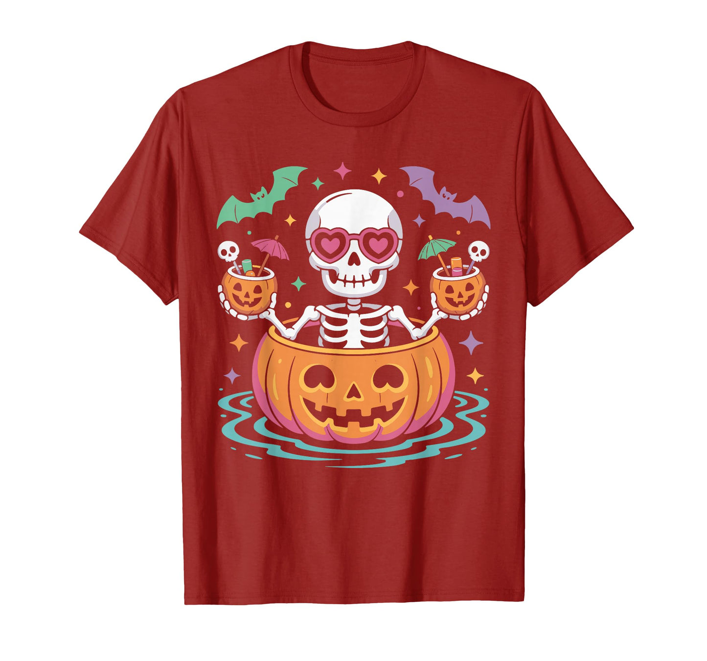 Spooky Skeleton Floating in Pumpkin Pool Float Halloween T-Shirt