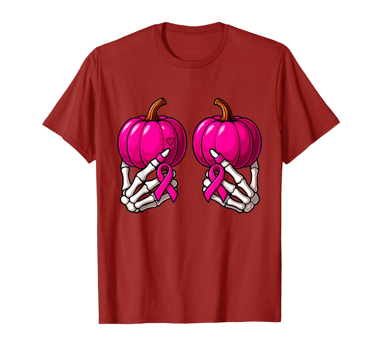 Skeleton Hands Holding Pumpkins Bra Breast Cancer Awareness T-Shirt