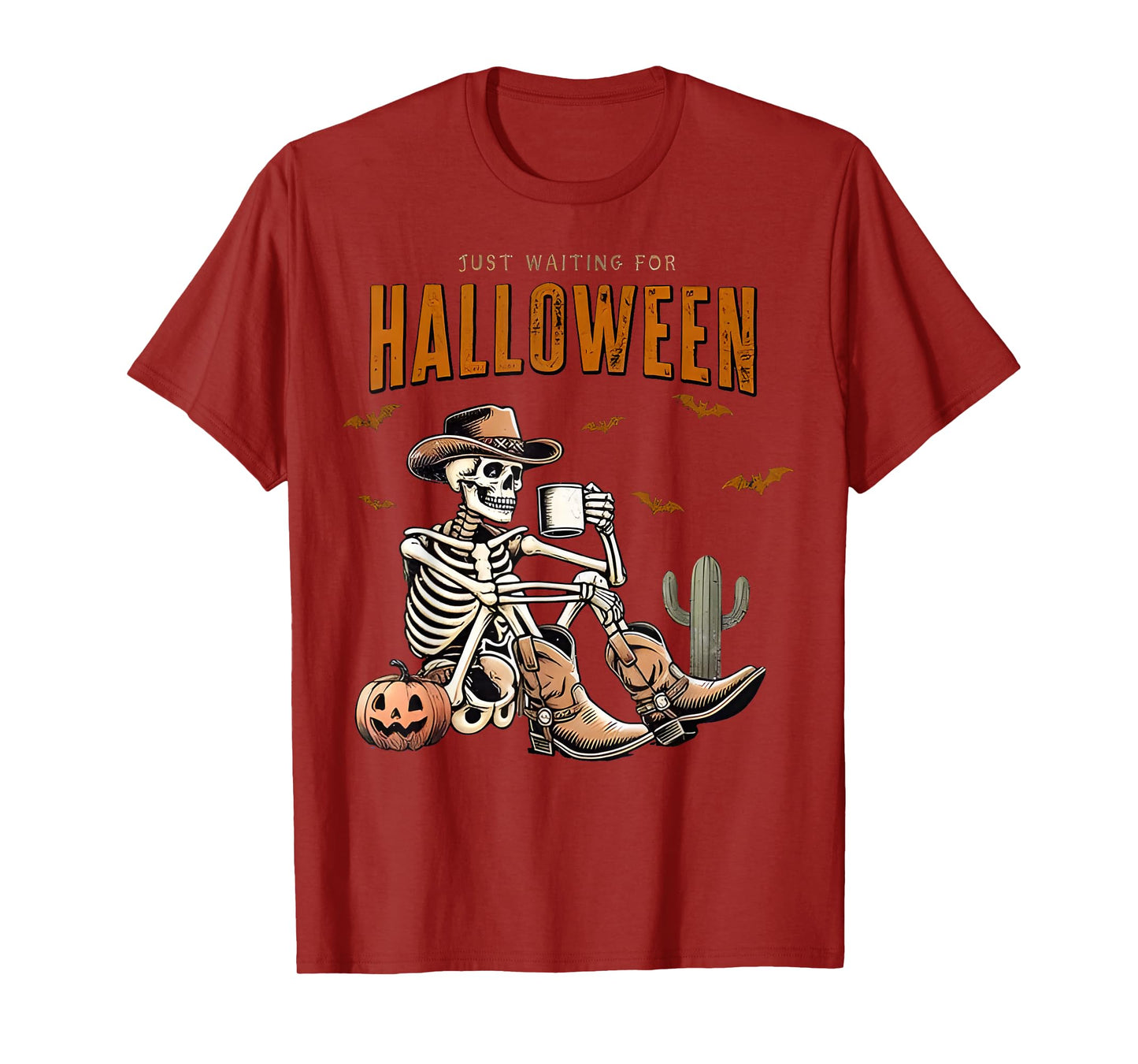 Just Waiting for Halloween Funny Skeleton Cowboy Pumpkin T-Shirt