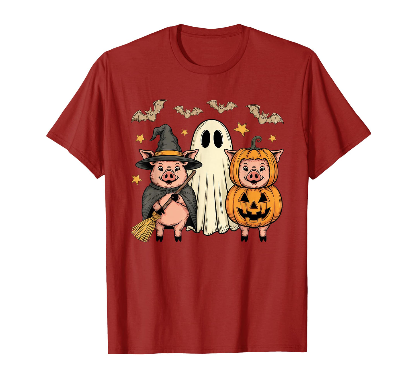 Three Halloween Pigs Cosplay Witch Boo Carved Pumpkin T-Shirt
