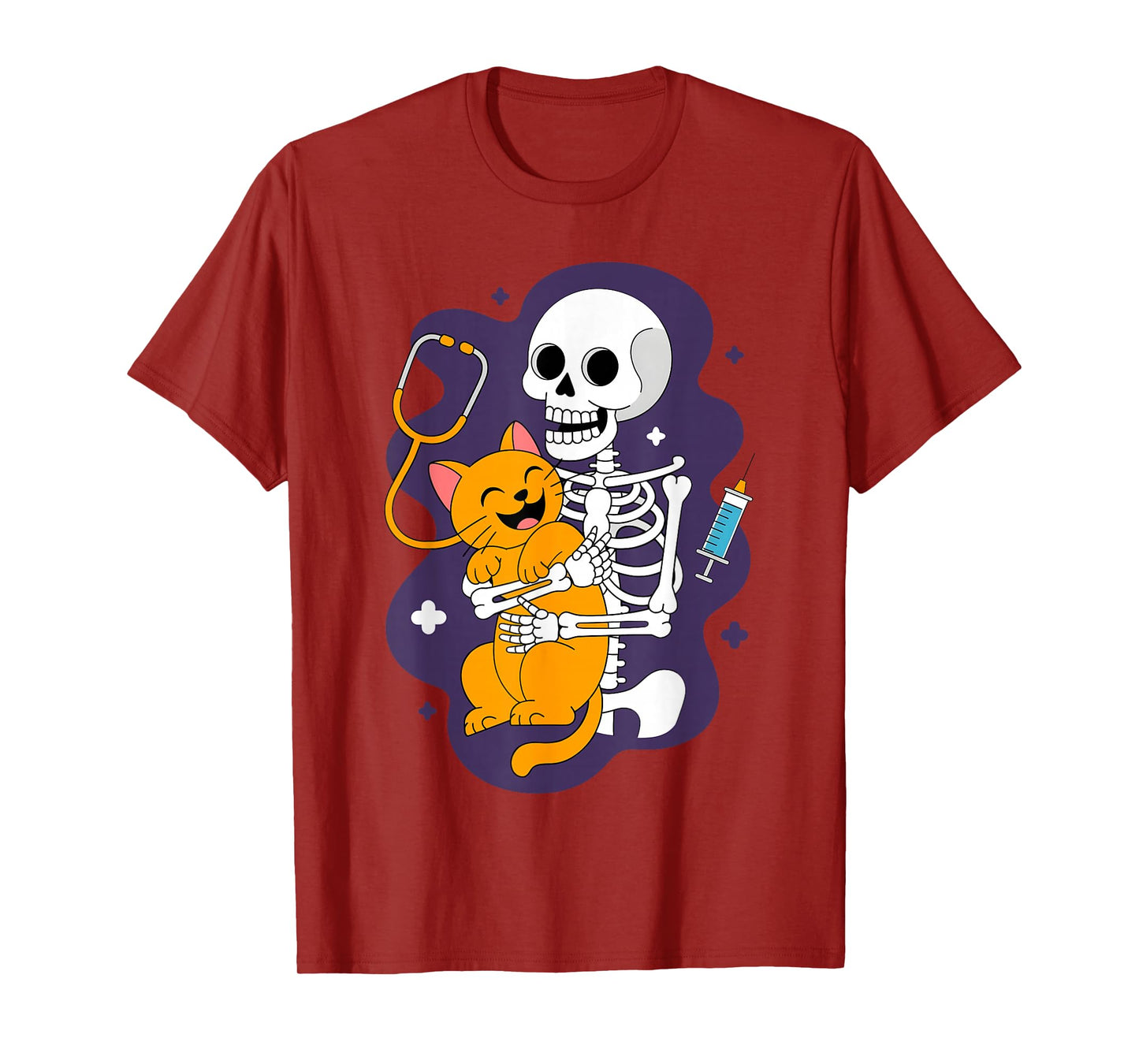 Skeleton Hugging Cat Funny Vet Cat Lover Halloween Men Women T-Shirt